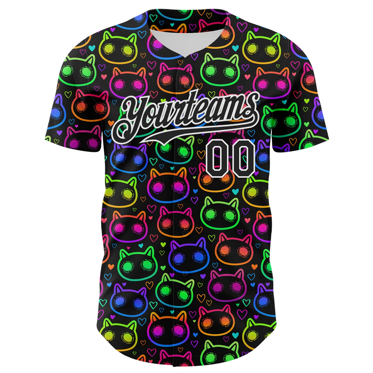 Custom Black White 3D Pattern Design Rave Psychedelic Neon Cartoon Cat Authentic Baseball Jersey - Image 2