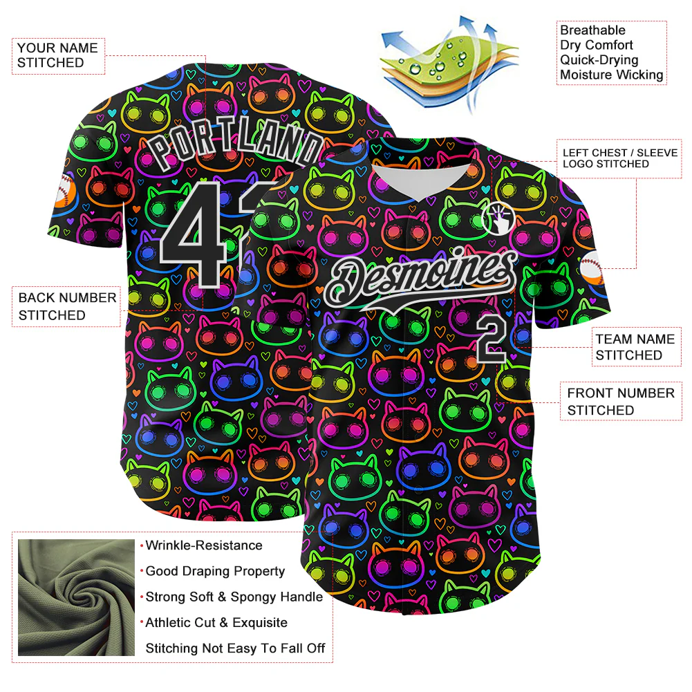 Custom Black White 3D Pattern Design Rave Psychedelic Neon Cartoon Cat Authentic Baseball Jersey - Image 3