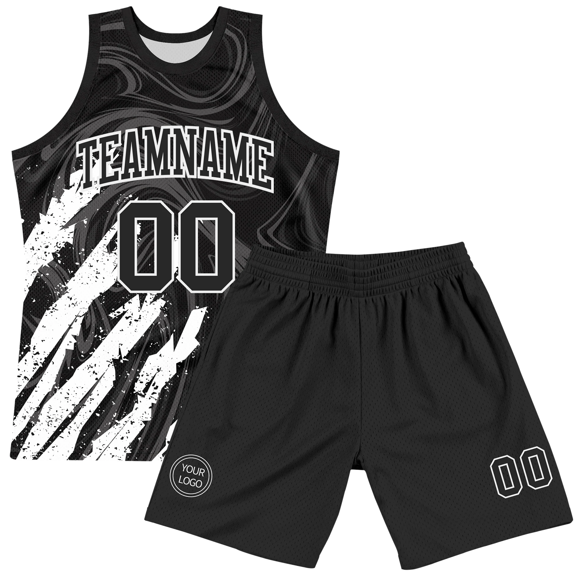 Custom Black White Splash Round Neck Sublimation Basketball Suit Jersey - Image 2