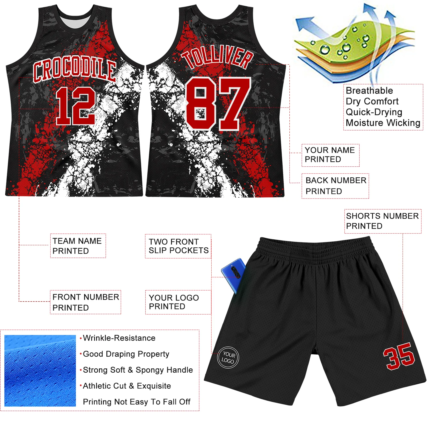 Custom Black Red-White Splash Round Neck Sublimation Basketball Suit Jersey - Image 3