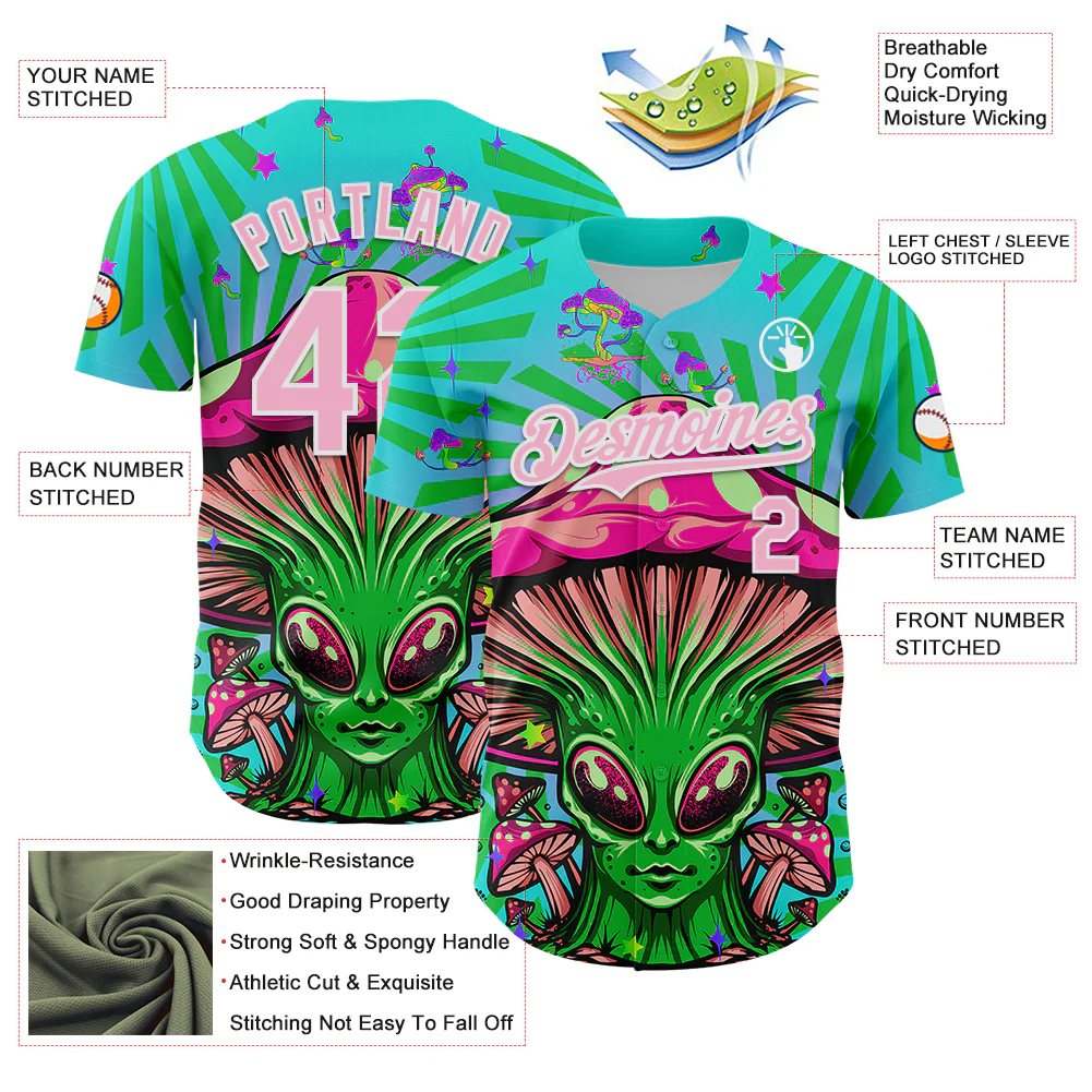 Custom Blue Light Pink-White 3D Pattern Design Trippy Magic Mushrooms Alien Authentic Baseball Jersey - Image 3
