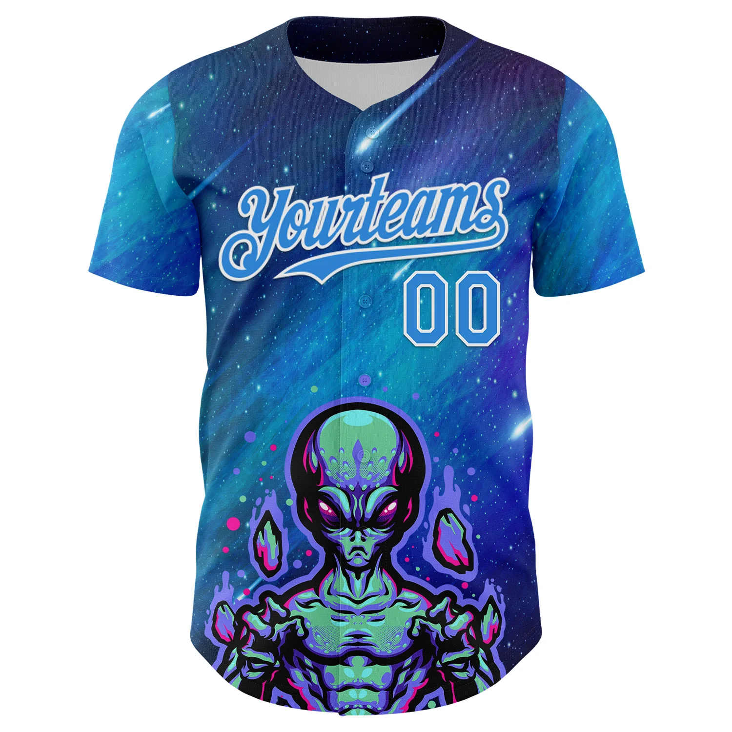 Custom Blue Electric Blue-White Alien UFO Space Galaxy Authentic Baseball Jersey - Image 2