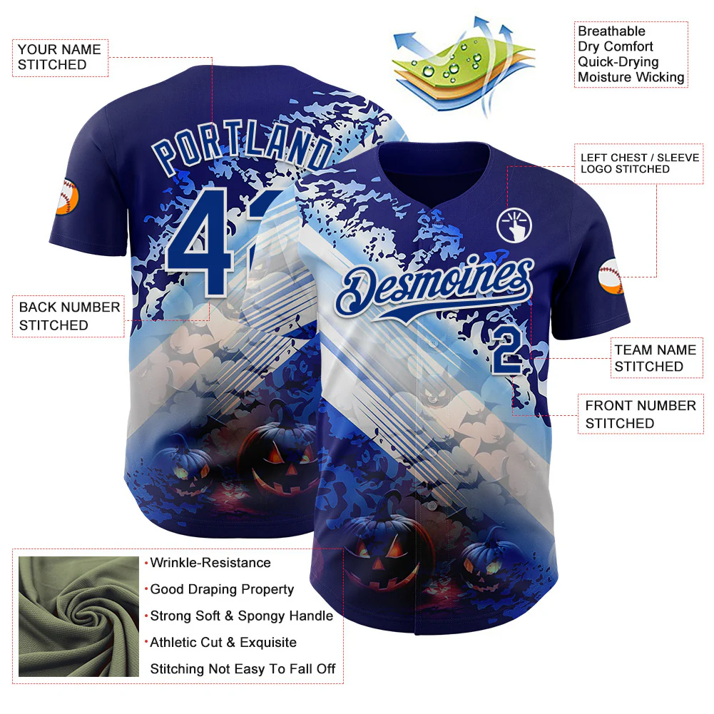 Custom Blue Royal-White 3D Halloween Spooky Pumpkin Bat Authentic Baseball Jersey - Image 3