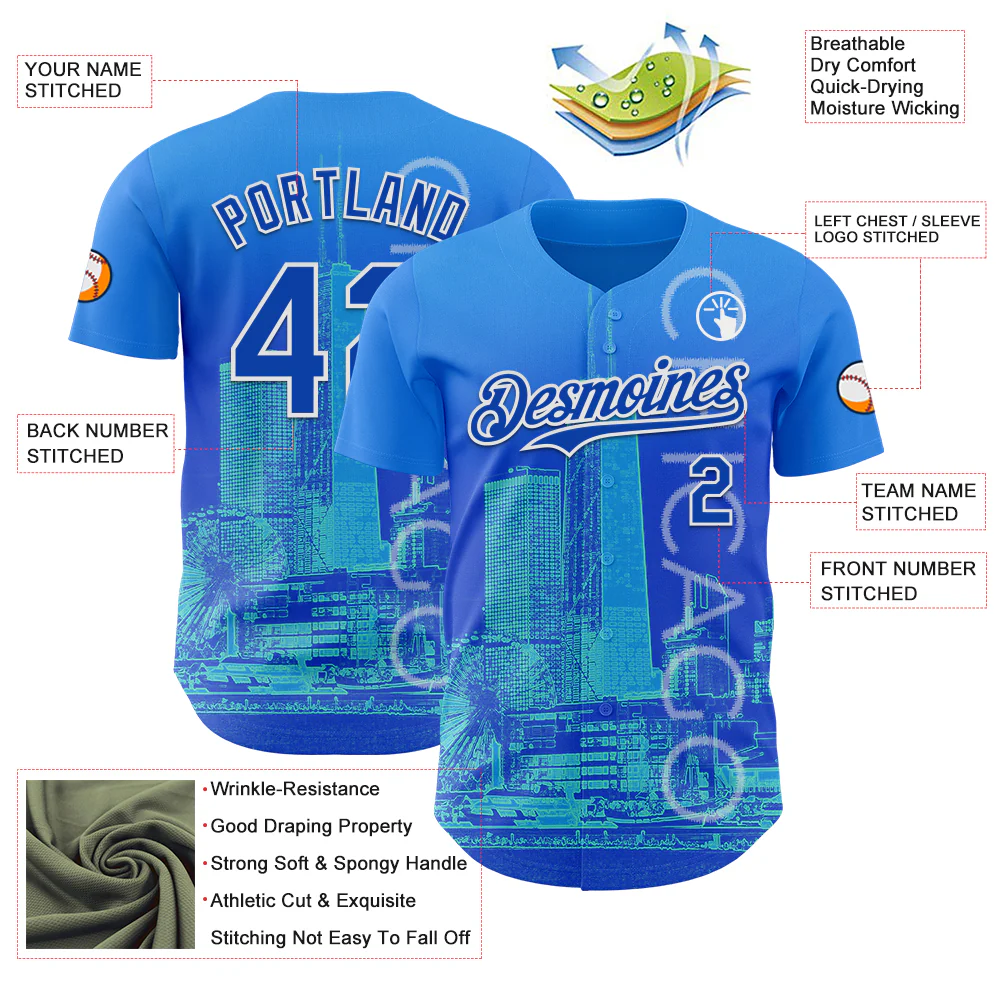 Custom Blue Thunder Blue-White Chicago Illinois Cityscape Skyline City Symbol Authentic Baseball Jersey - Image 3