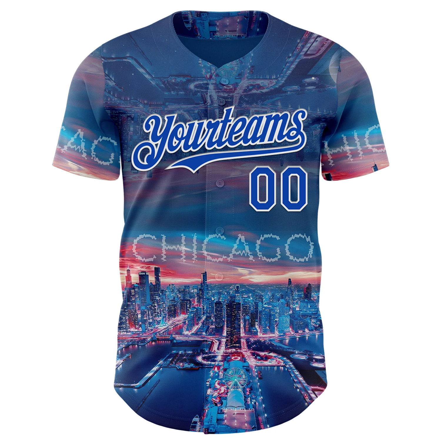Custom Blue Thunder Blue-White Chicago Illinois Cityscape Skyline City Symbol Authentic Baseball Jersey - Image 2