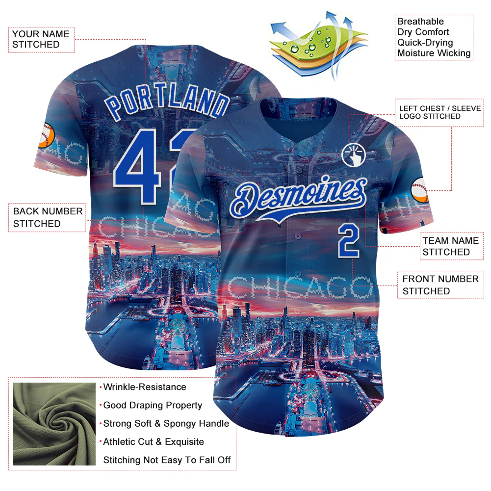 Custom Blue Thunder Blue-White Chicago Illinois Cityscape Skyline City Symbol Authentic Baseball Jersey - Image 3