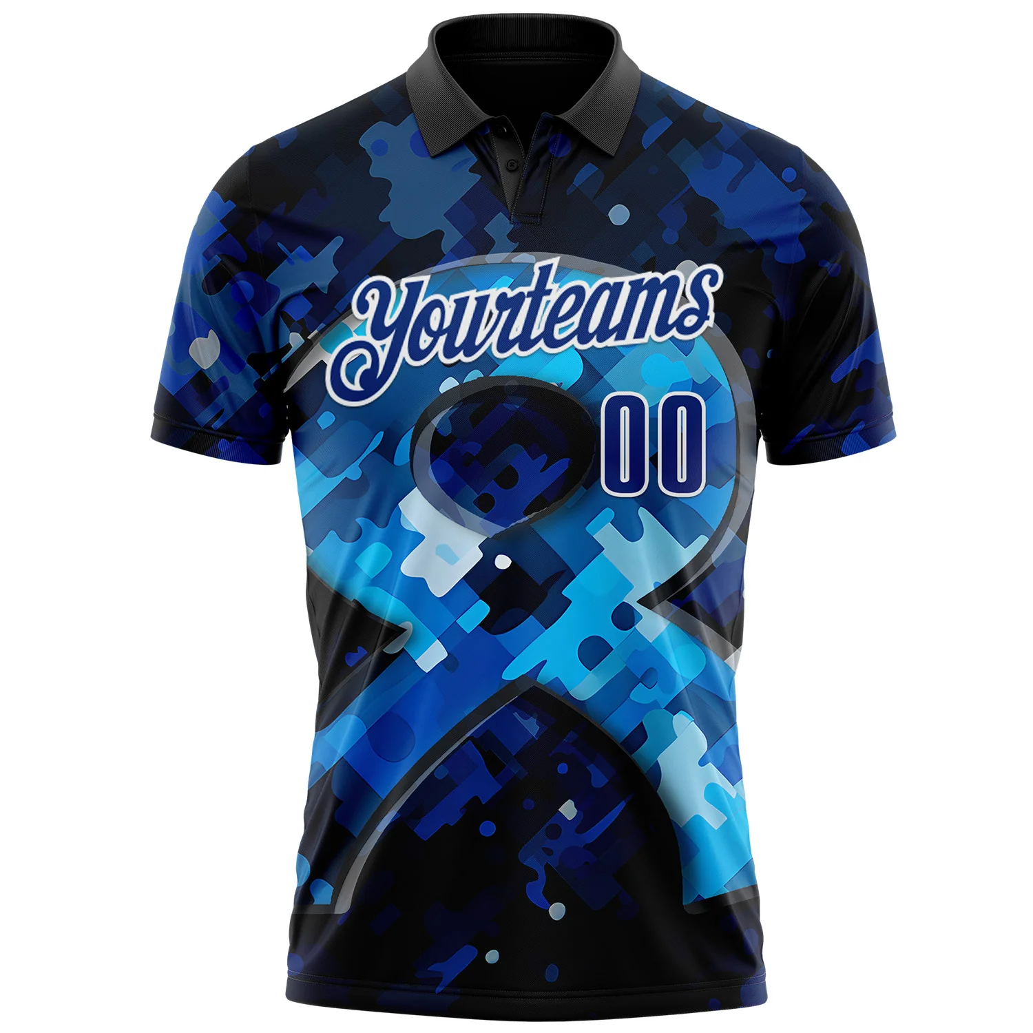 Custom Blue Royal-White 3D Pattern Design Dark Blue Ribbon Colorectal Cancer Awareness Colon Performance Polo Shirt - Image 2