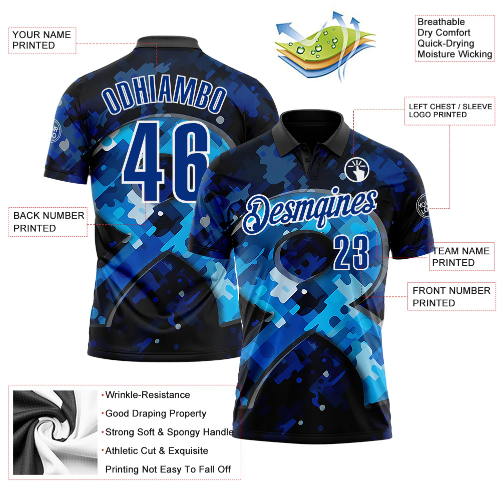 Custom Blue Royal-White 3D Pattern Design Dark Blue Ribbon Colorectal Cancer Awareness Colon Performance Polo Shirt - Image 3