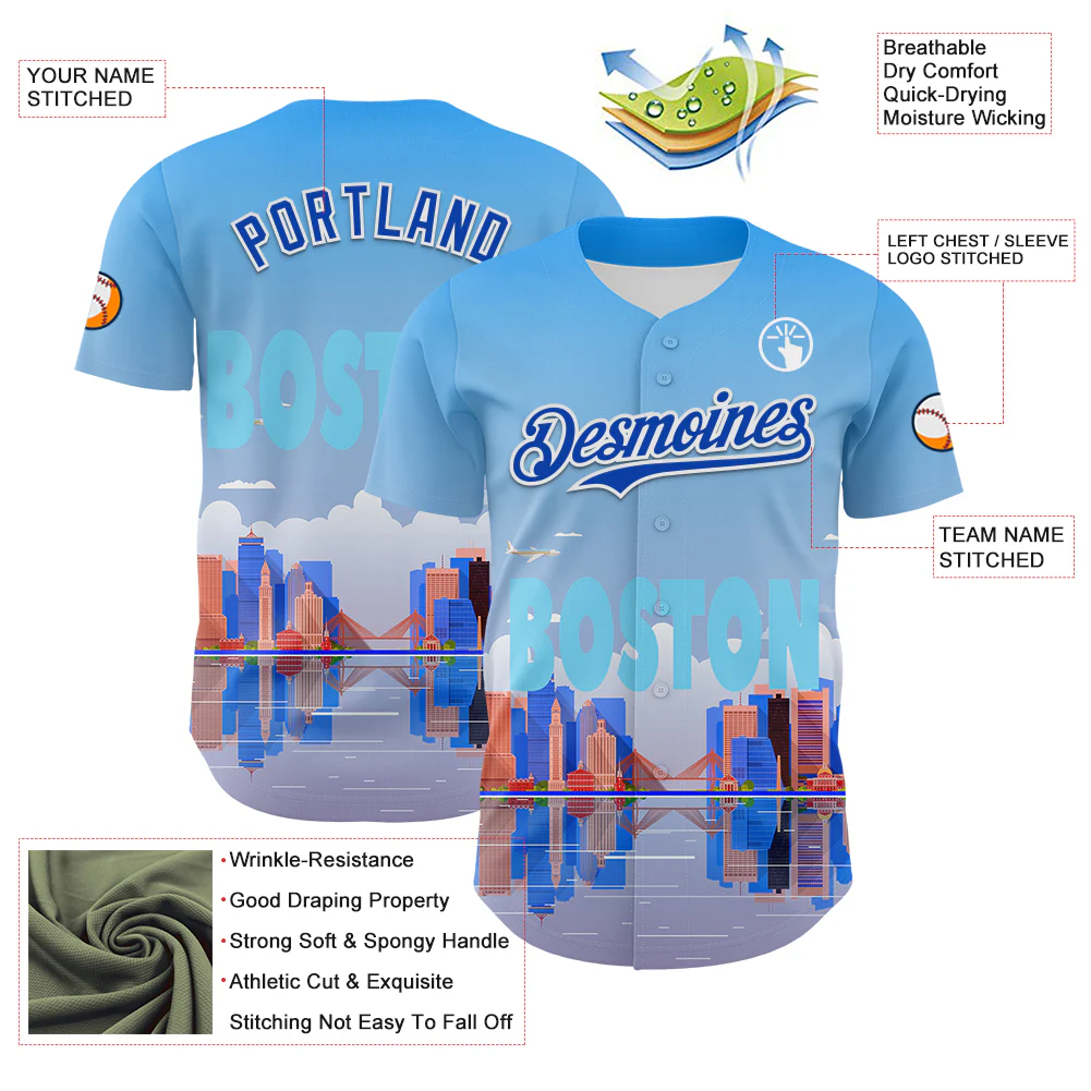 Custom Blue Thunder Blue-White 3D Pattern Design Boston Cityscape Skyline Authentic Baseball Jersey - Image 3
