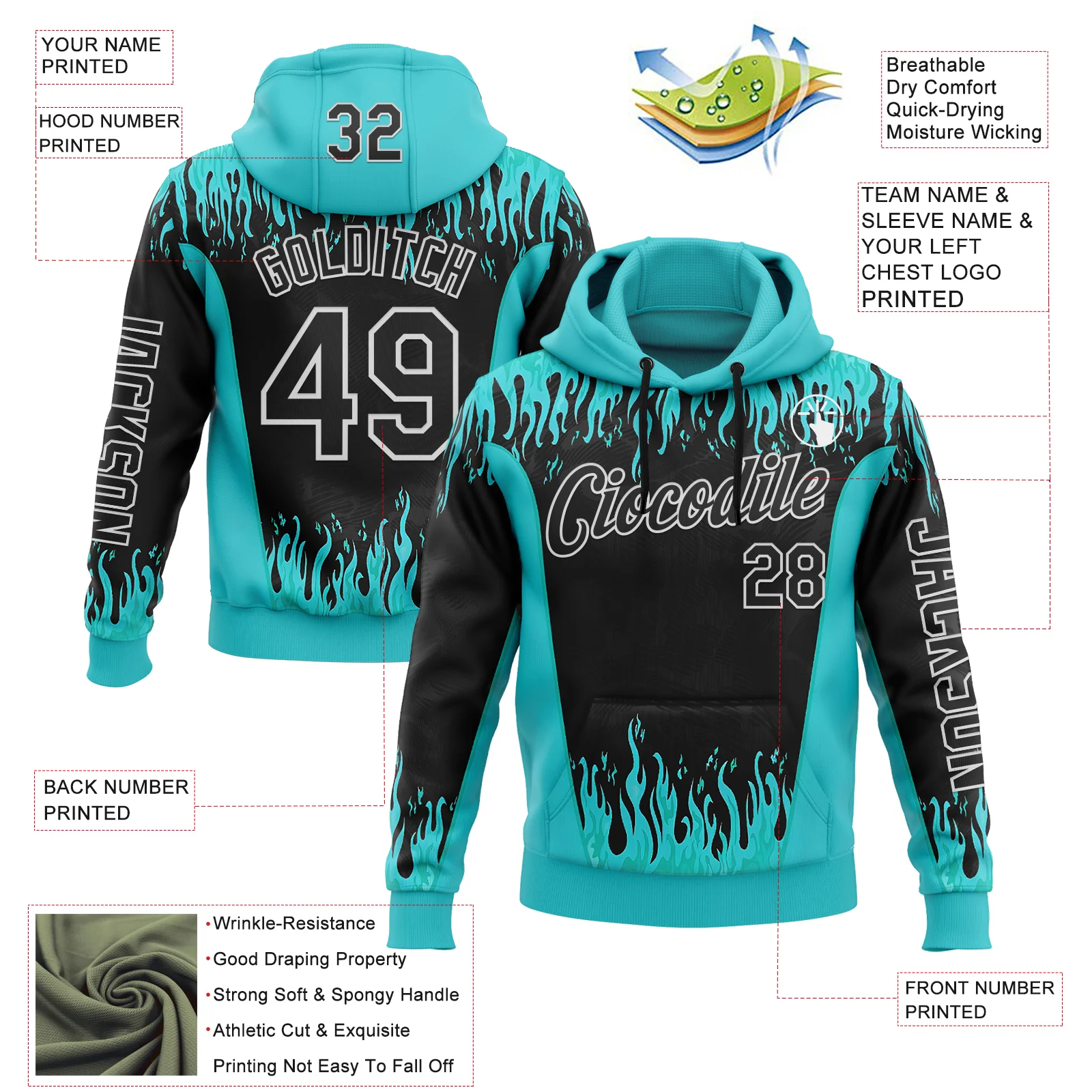 Custom Blue Black-White 3D Abstract Flame Sports Pullover Sweatshirt Hoodie - Image 2
