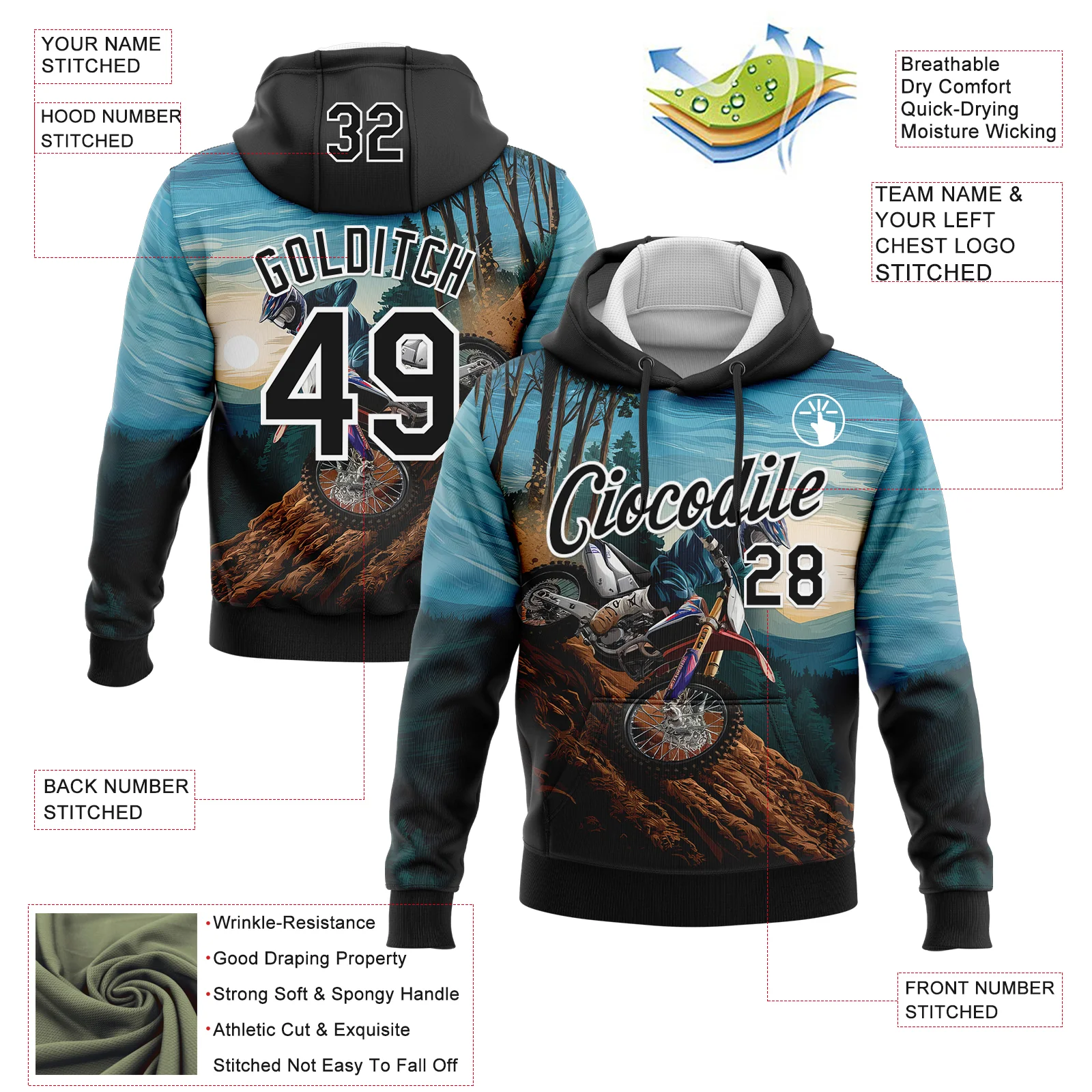 Custom Stitched Blue Black-White 3D Pattern Design Motorcycle Motocross Racing Sports Pullover Sweatshirt Hoodie - Image 2