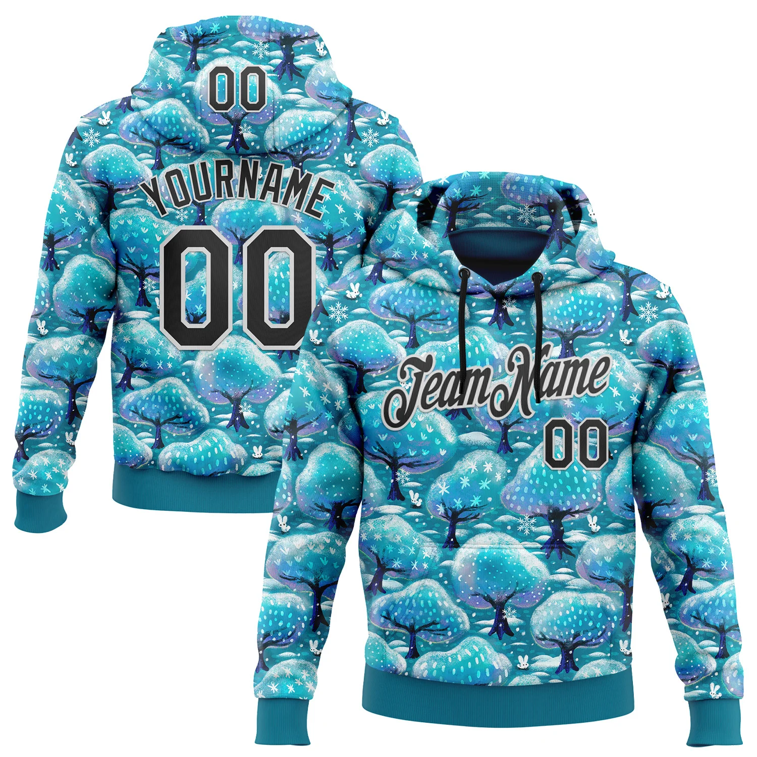 Custom Stitched Blue Black-White 3D Emi Bee Winter Trees And Bunnies Sports Pullover Sweatshirt Hoodie