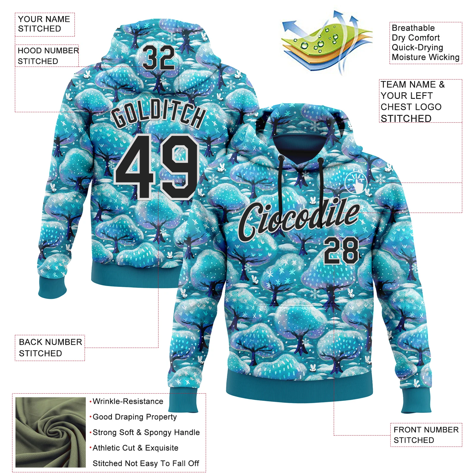 Custom Stitched Blue Black-White 3D Emi Bee Winter Trees And Bunnies Sports Pullover Sweatshirt Hoodie - Image 2