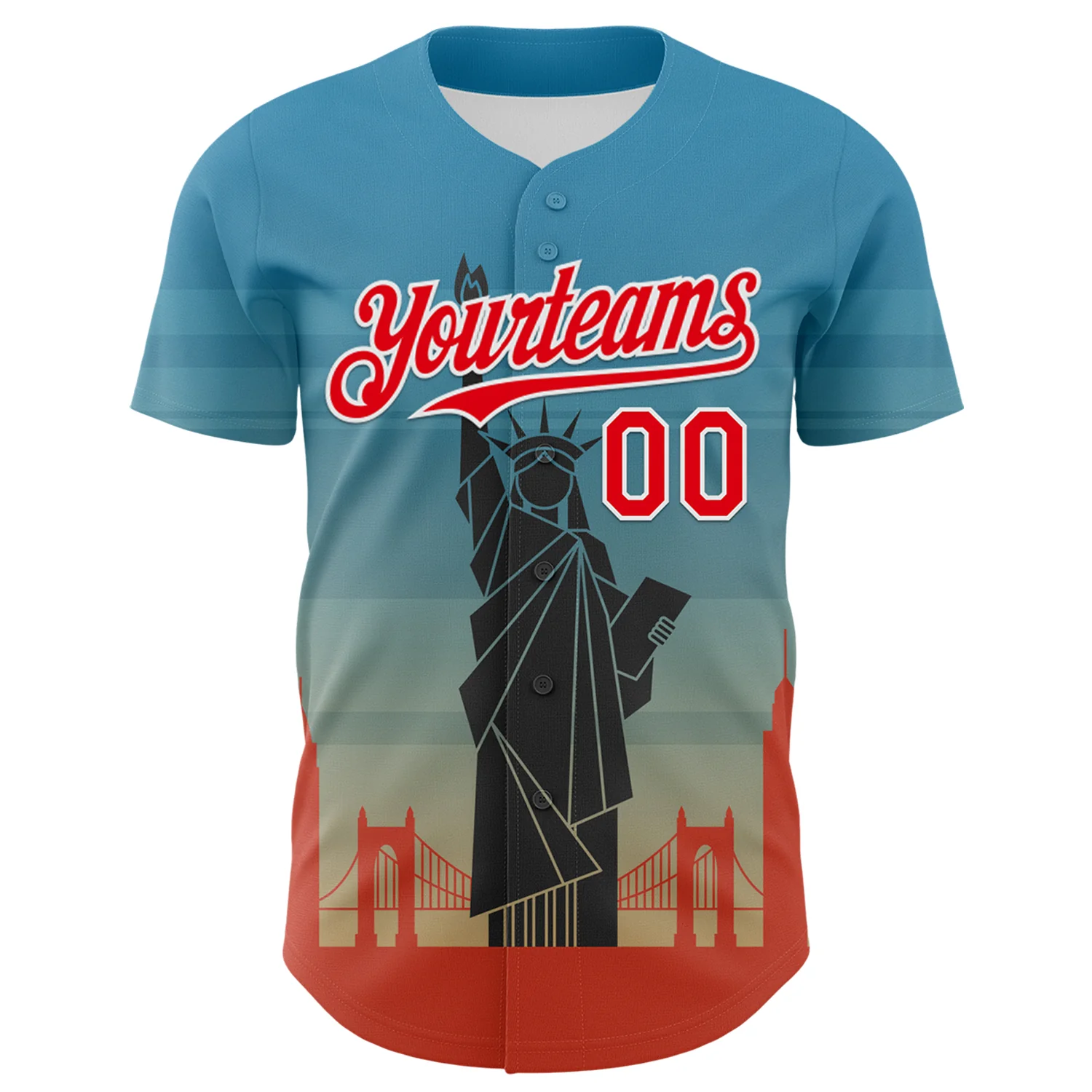 Custom Blue Fire Red-White 3D Pattern Design Patriotic American Symbol Golden Gate Bridge And Statue of Liberty Authentic Baseball Jersey - Image 2