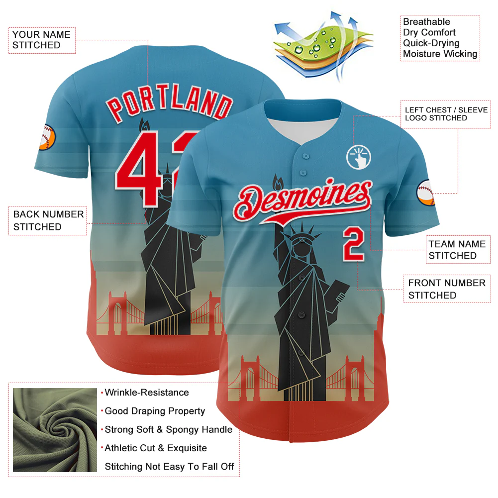 Custom Blue Fire Red-White 3D Pattern Design Patriotic American Symbol Golden Gate Bridge And Statue of Liberty Authentic Baseball Jersey - Image 3