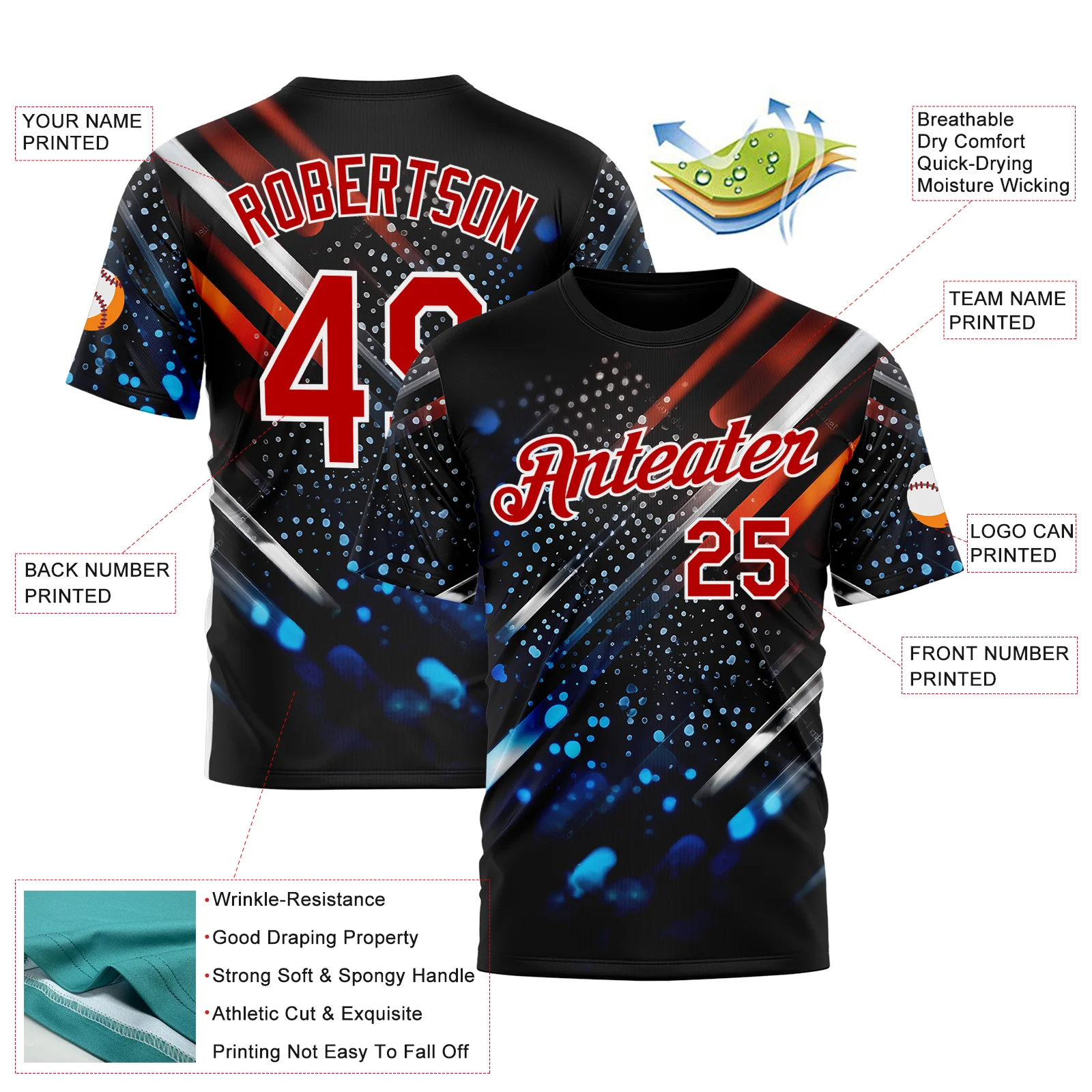 Custom Blue Red-White 3D Pattern Design Water Droplet Sportswear Performance T-Shirt - Image 2