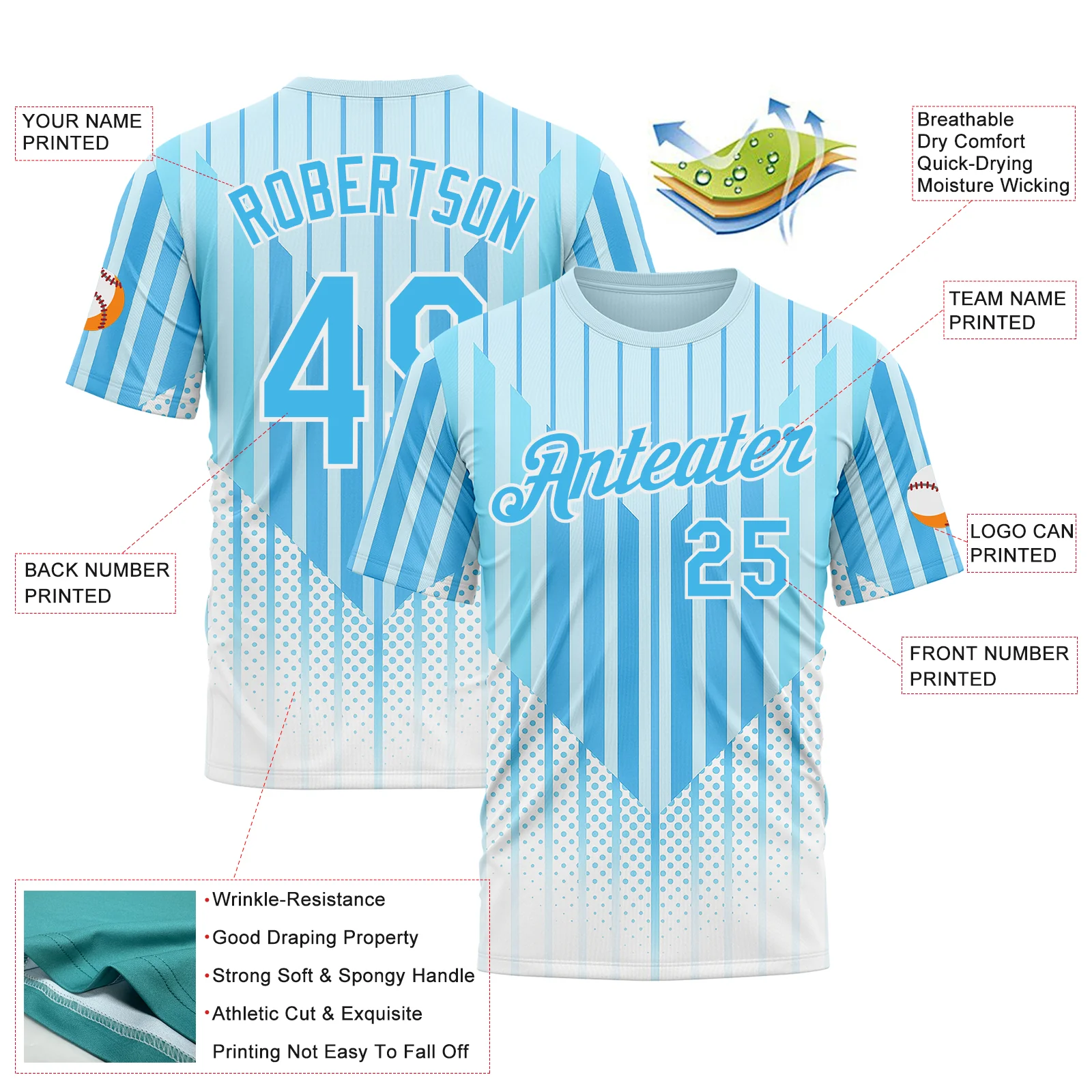 Custom Blue Sky Blue-White 3D Pattern Design Argentina Stripe Sportswear Performance T-Shirt - Image 2