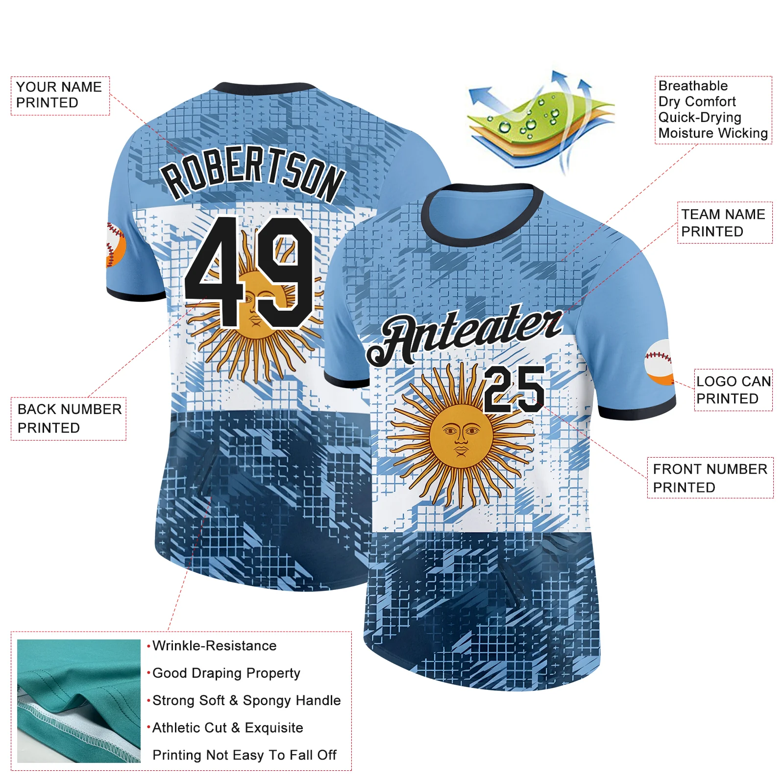 Custom Blue Black-White Argentina Sun Geometric Shape Soccer Jersey Performance T-Shirt - Image 2