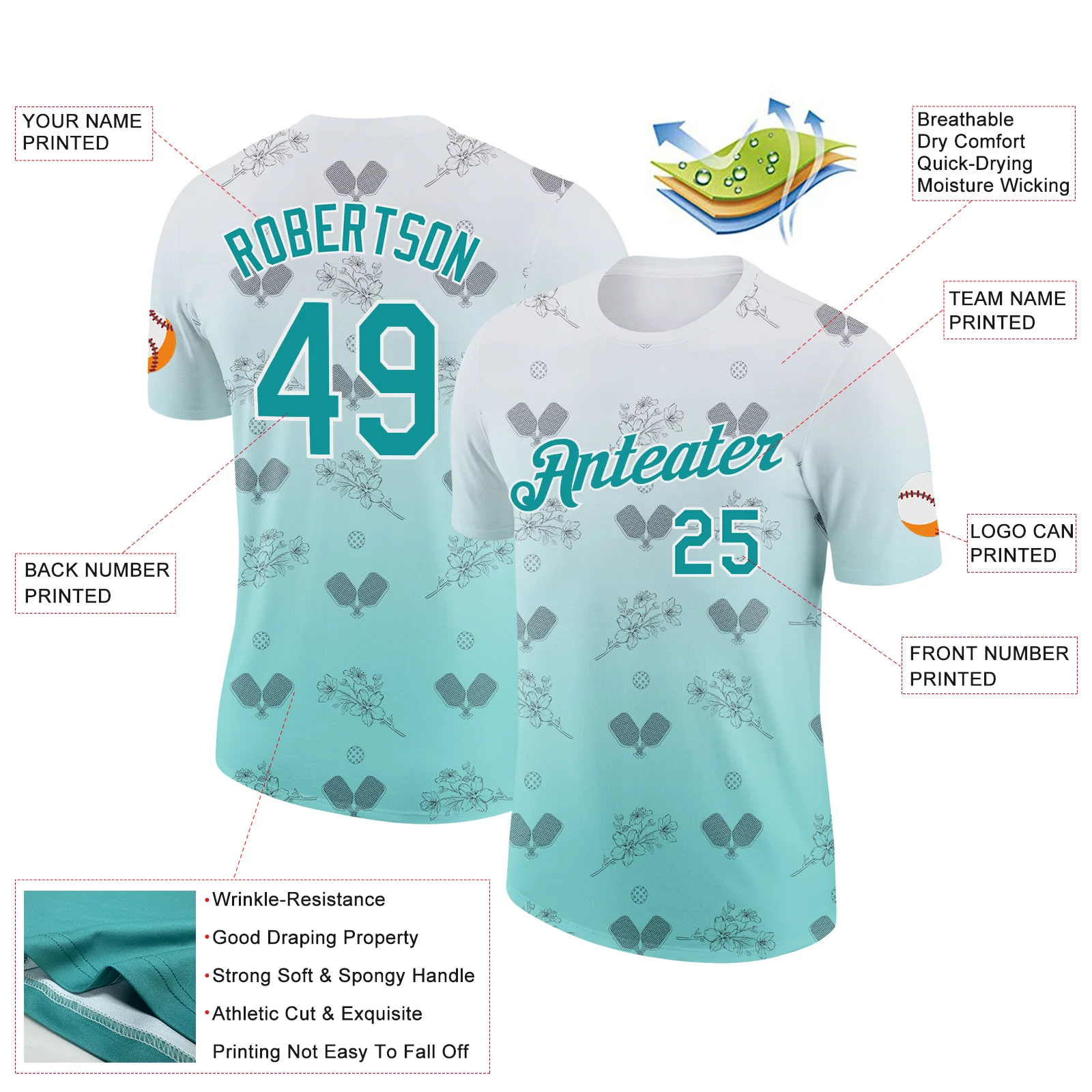 Custom Blue Teal-White 3D Gradient Pickleball Paddles Balls Floral Performance T-Shirt - Image 2