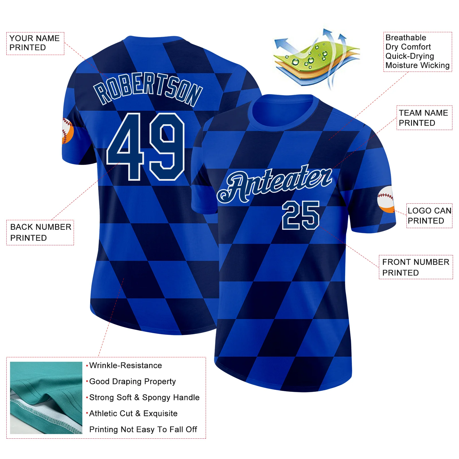 Custom Blue US Navy Blue White-Navy Croatia Plaid Soccer Jersey Performance T-Shirt - Image 2