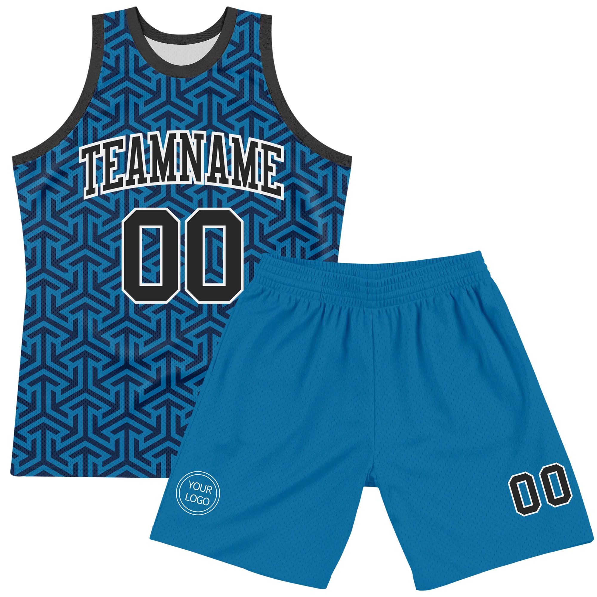 Custom Blue Black-White Arrow Shape Round Neck Sublimation Basketball Suit Jersey - Image 2