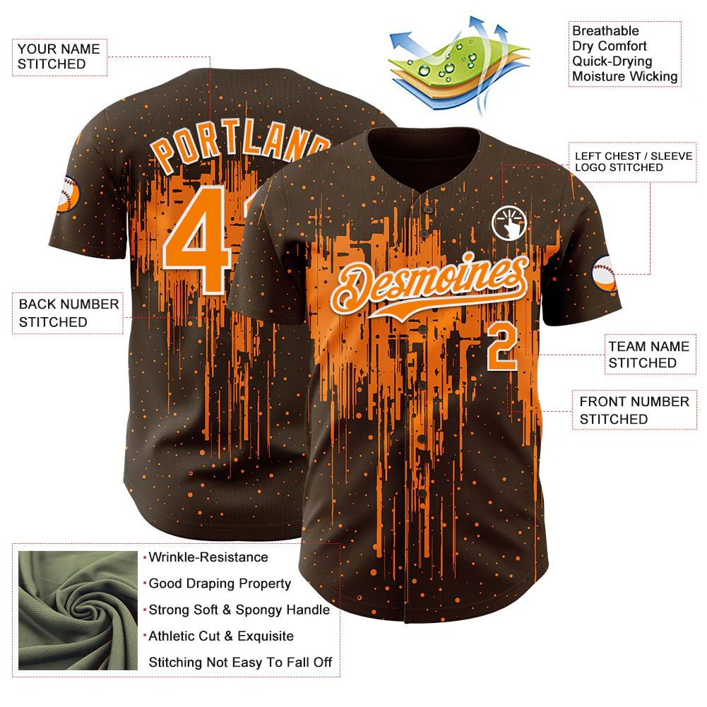 Custom Brown Bay Orange-White Dripping Splatter Paint Authentic Baseball Jersey - Image 3