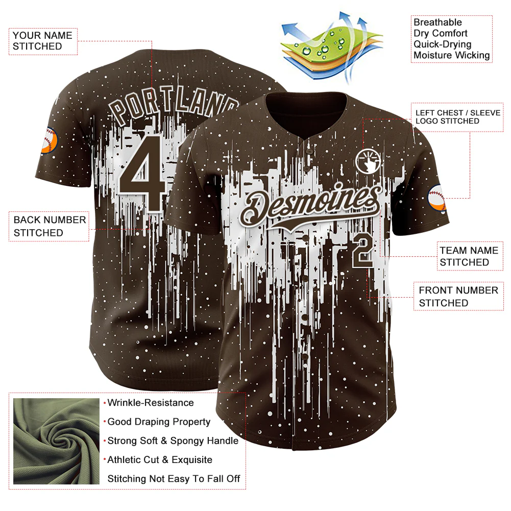 Custom Brown White Dripping Splatter Paint Authentic Baseball Jersey - Image 3
