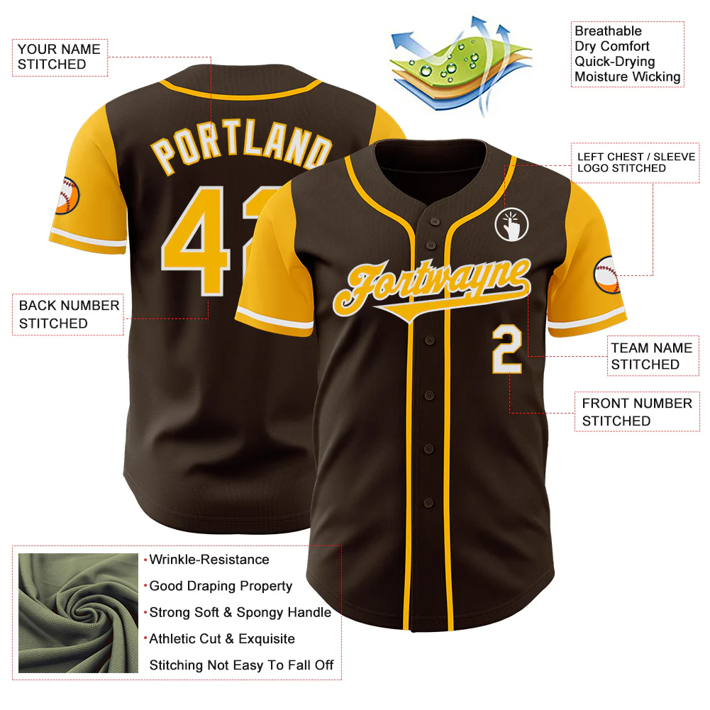 Custom Brown Gold-White Authentic Two Tone Baseball Jersey - Image 3