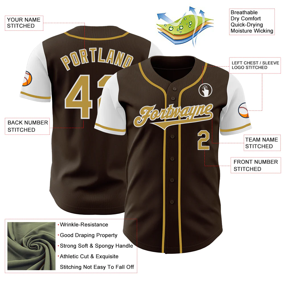 Custom Brown Old Gold-White Authentic Two Tone Baseball Jersey - Image 3