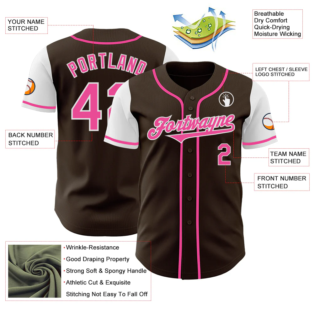 Custom Brown Pink-White Authentic Two Tone Baseball Jersey - Image 3