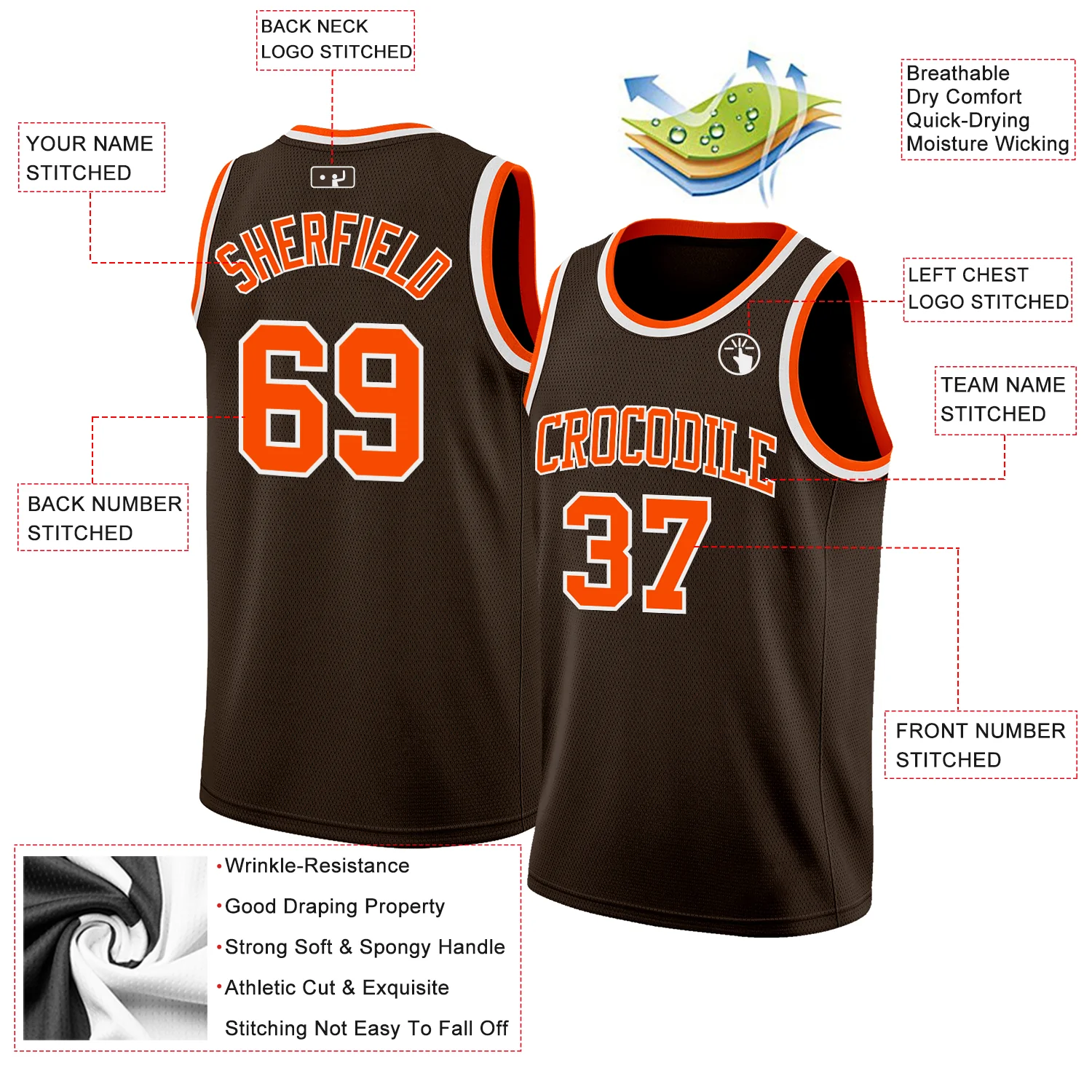 Custom Brown Orange-White Authentic Basketball Jersey - Image 2