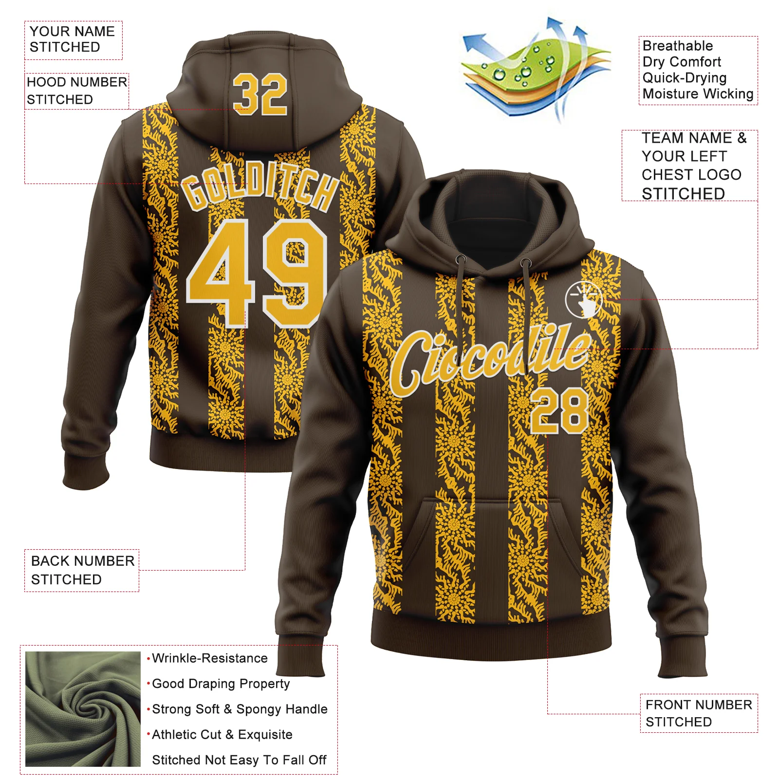Custom Stitched Brown Gold-White Abstract Shape Pattern Sports Pullover Sweatshirt Hoodie - Image 4