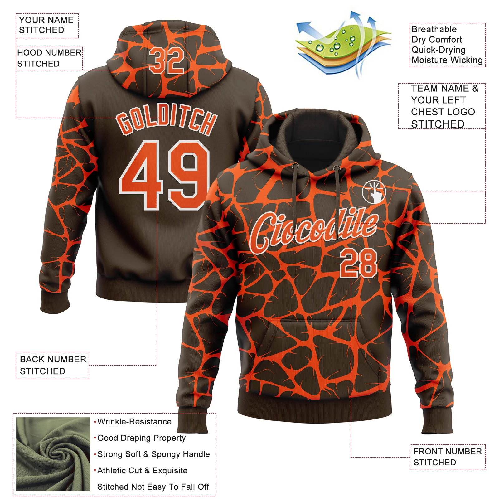 Custom Stitched Brown Orange-White Abstract Network Pattern Sports Pullover Sweatshirt Hoodie - Image 4