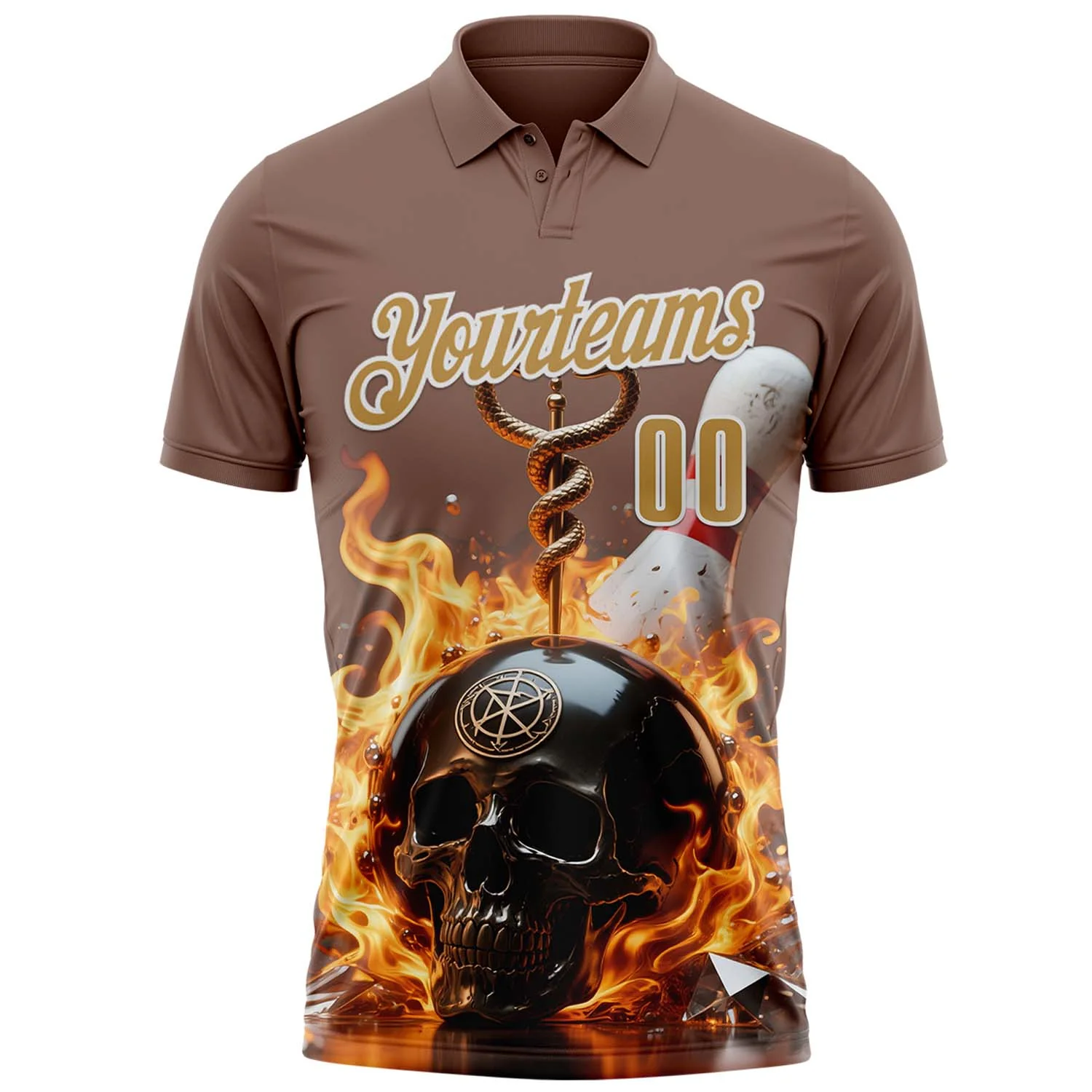 Custom Brown Old Gold-White 3D Flame Skull Bowling Performance Polo Shirt - Image 2