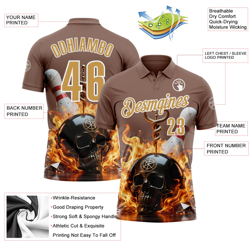 Custom Brown Old Gold-White 3D Flame Skull Bowling Performance Polo Shirt - Image 3