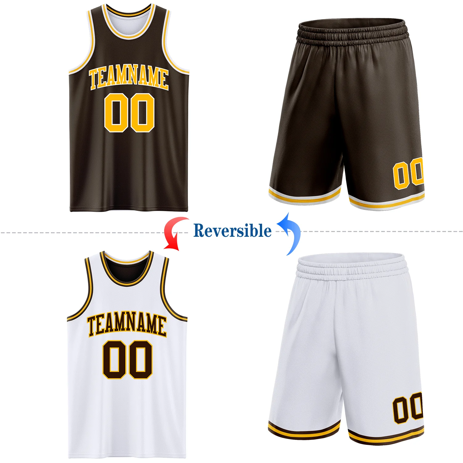 Custom Brown Gold-White Reversible Double Side Sublimation Basketball Suit Jersey - Image 2