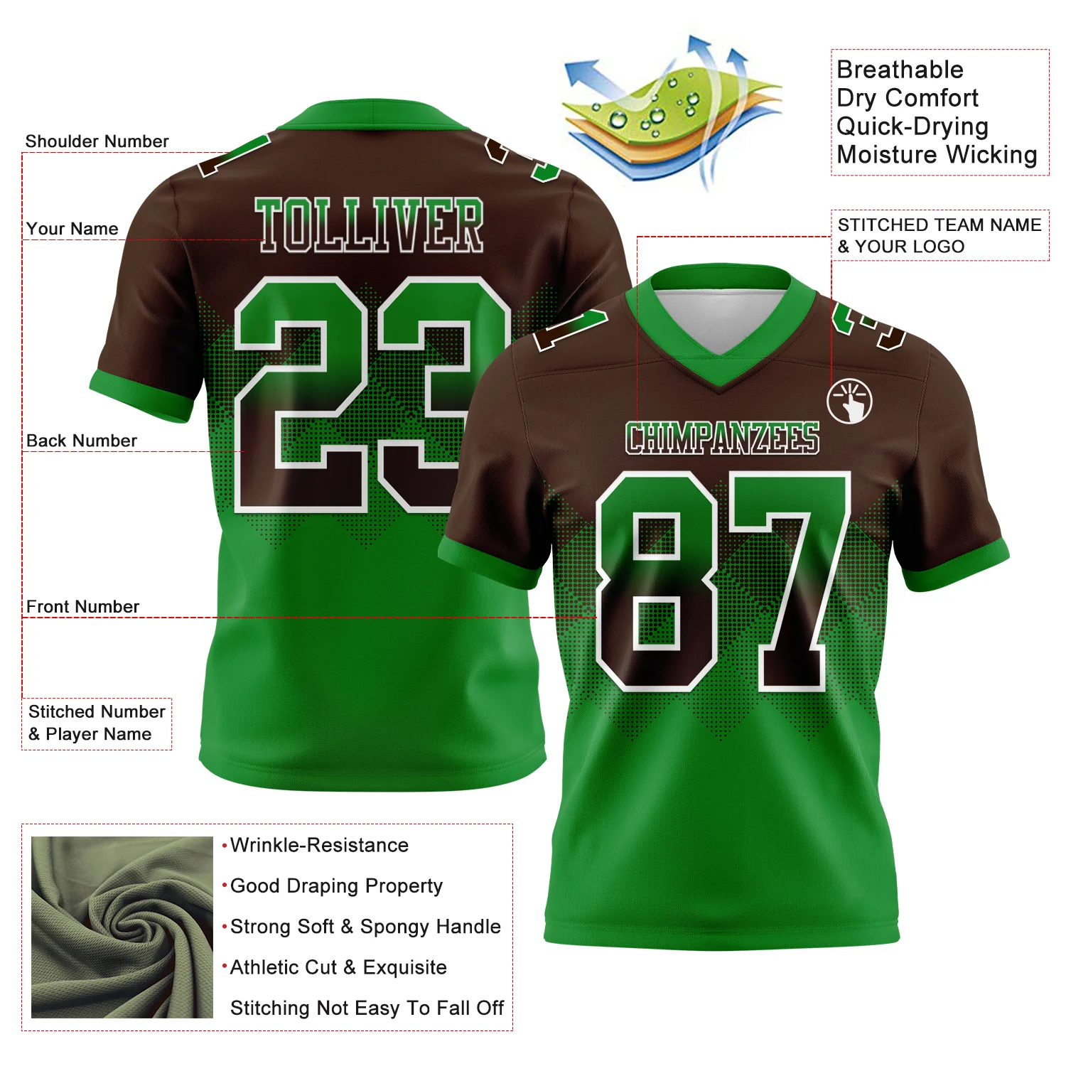 Custom Brown Grass Green-White Authentic Gradient Square Shape Flag Football Jersey - Image 2