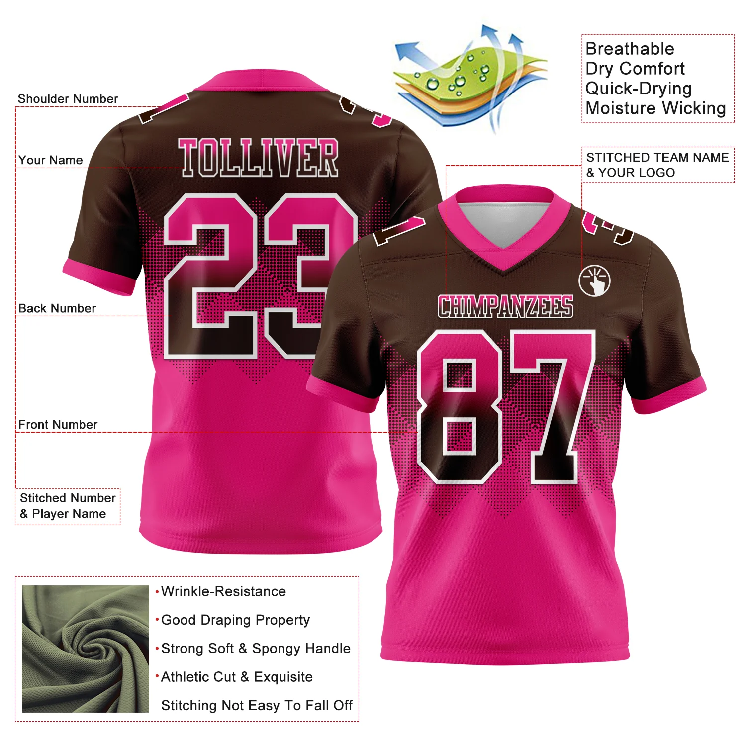 Custom Brown Hot Pink-White Authentic Gradient Square Shape Flag Football Jersey - Image 2