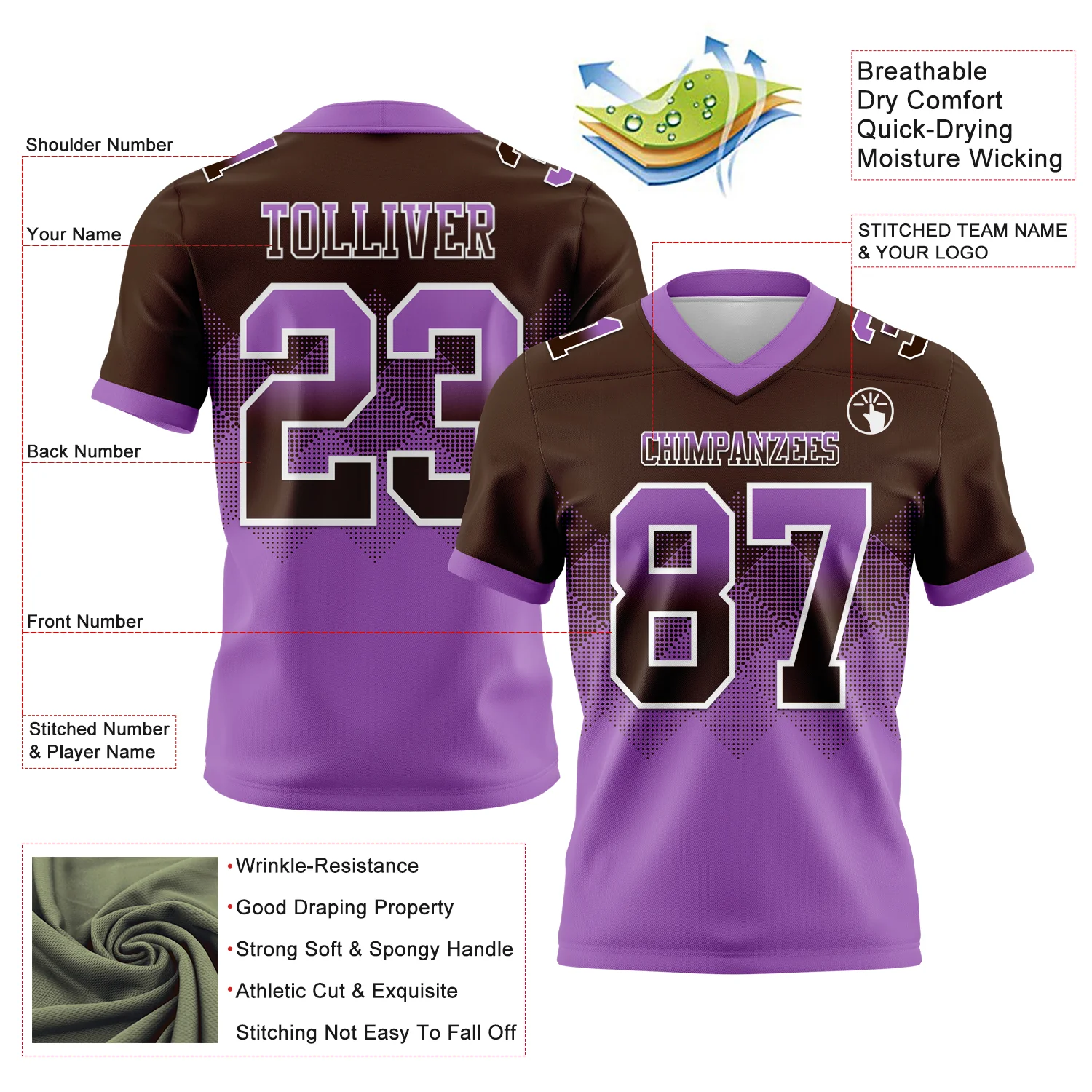 Custom Brown Medium Purple-White Authentic Gradient Square Shape Flag Football Jersey - Image 2