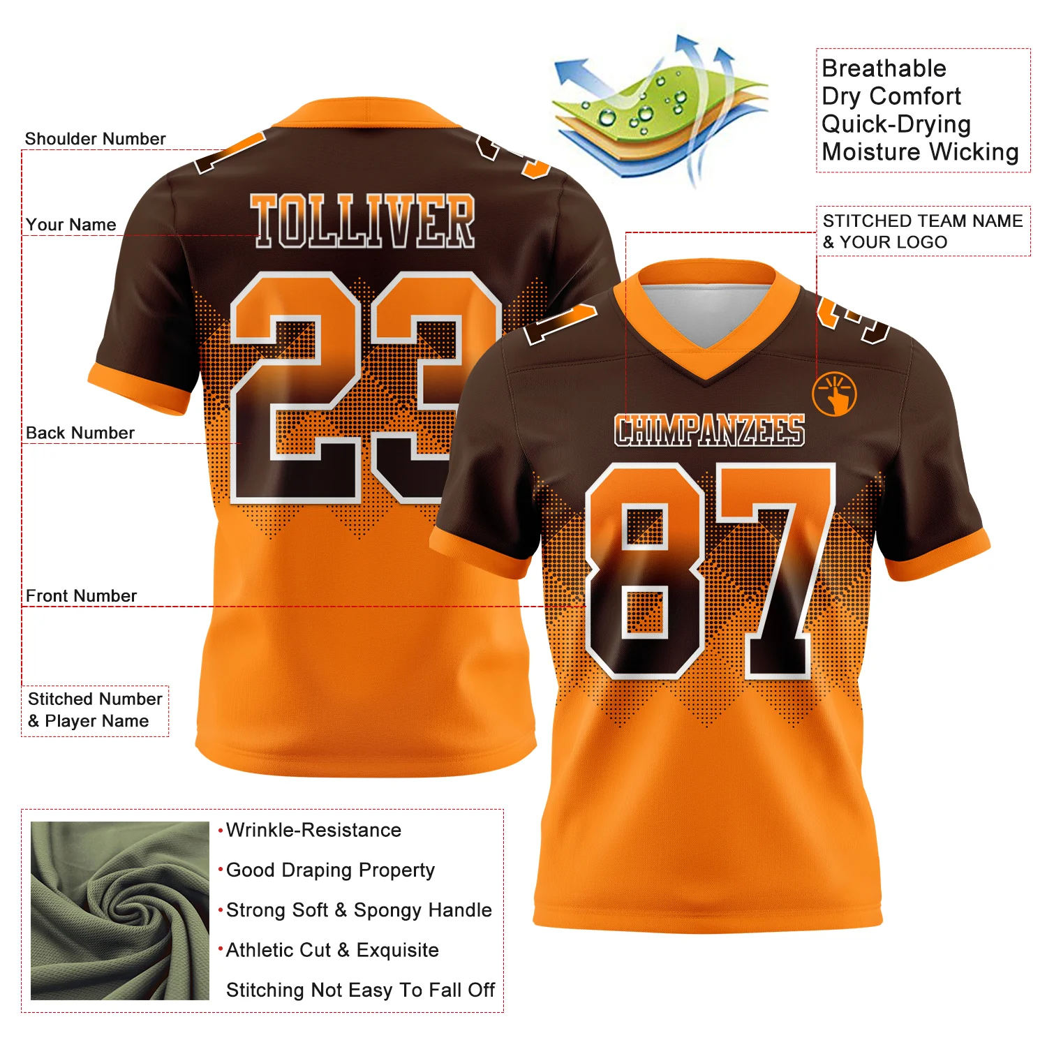 Custom Brown Orange-White Authentic Gradient Square Shape Flag Football Jersey - Image 2