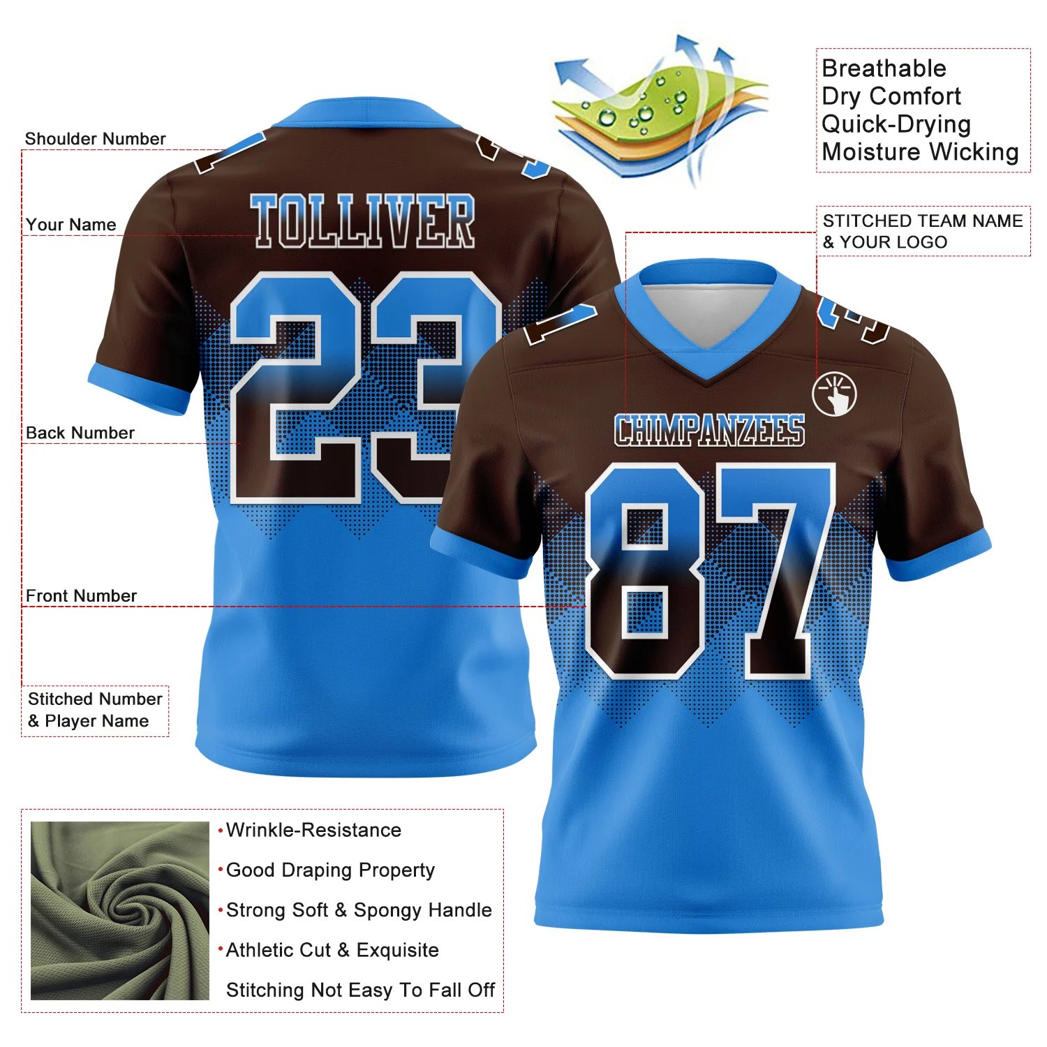 Custom Brown Powder Blue-White Authentic Gradient Square Shape Flag Football Jersey - Image 2