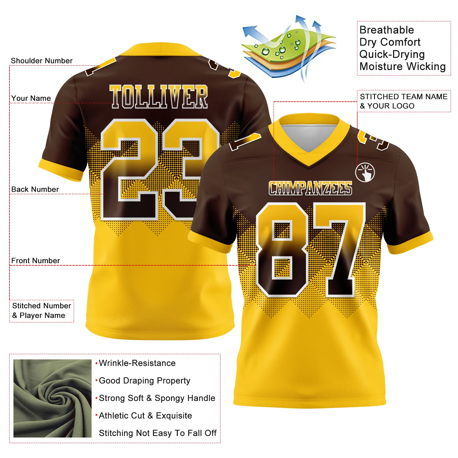 Custom Brown Yellow-White Authentic Gradient Square Shape Flag Football Jersey - Image 2
