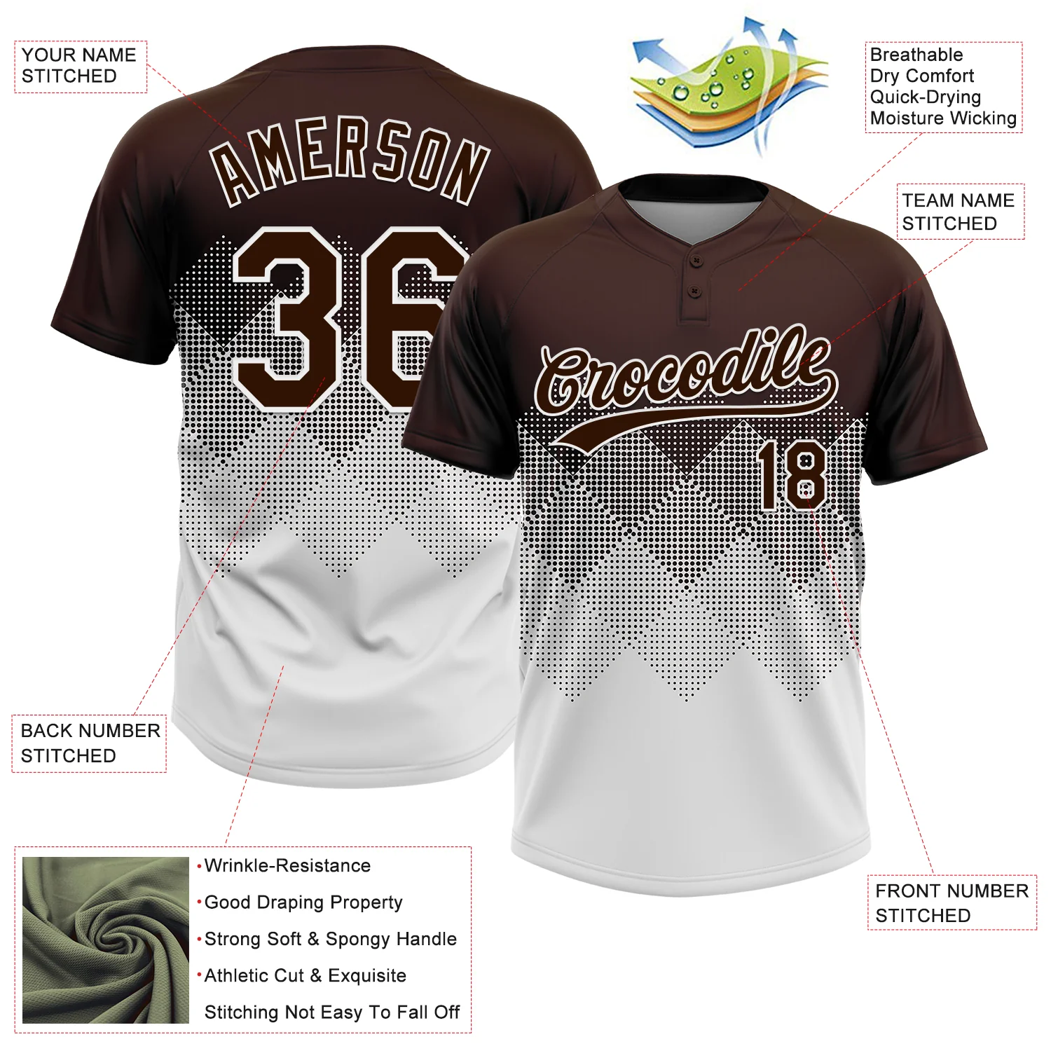 Custom Brown White 3D Gradient Square Shape Two-Button Unisex Softball Jersey - Image 3