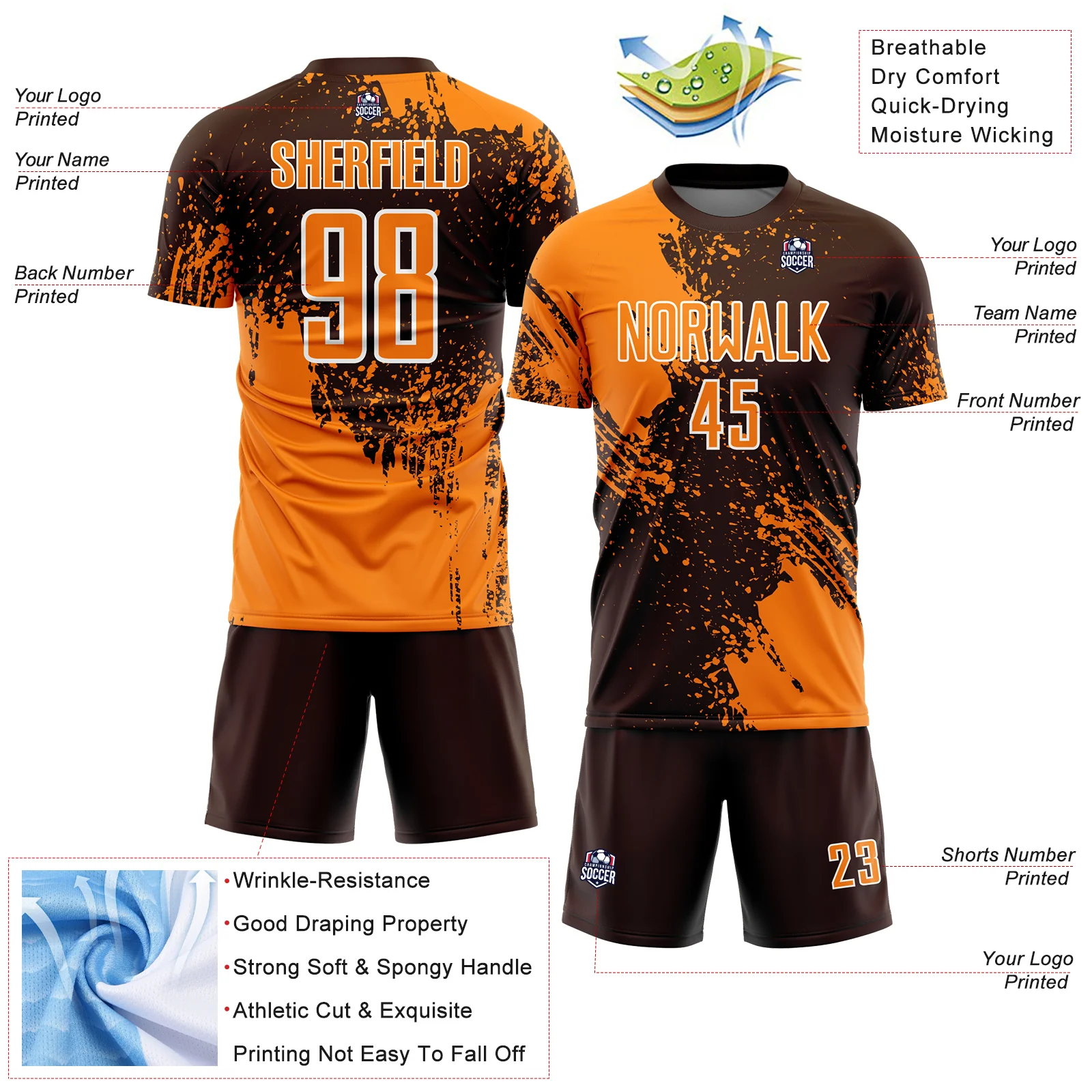 Custom Brown Bay Orange-White Abstract Brush Stroke Sports Sublimation Soccer Uniform Jersey - Image 4