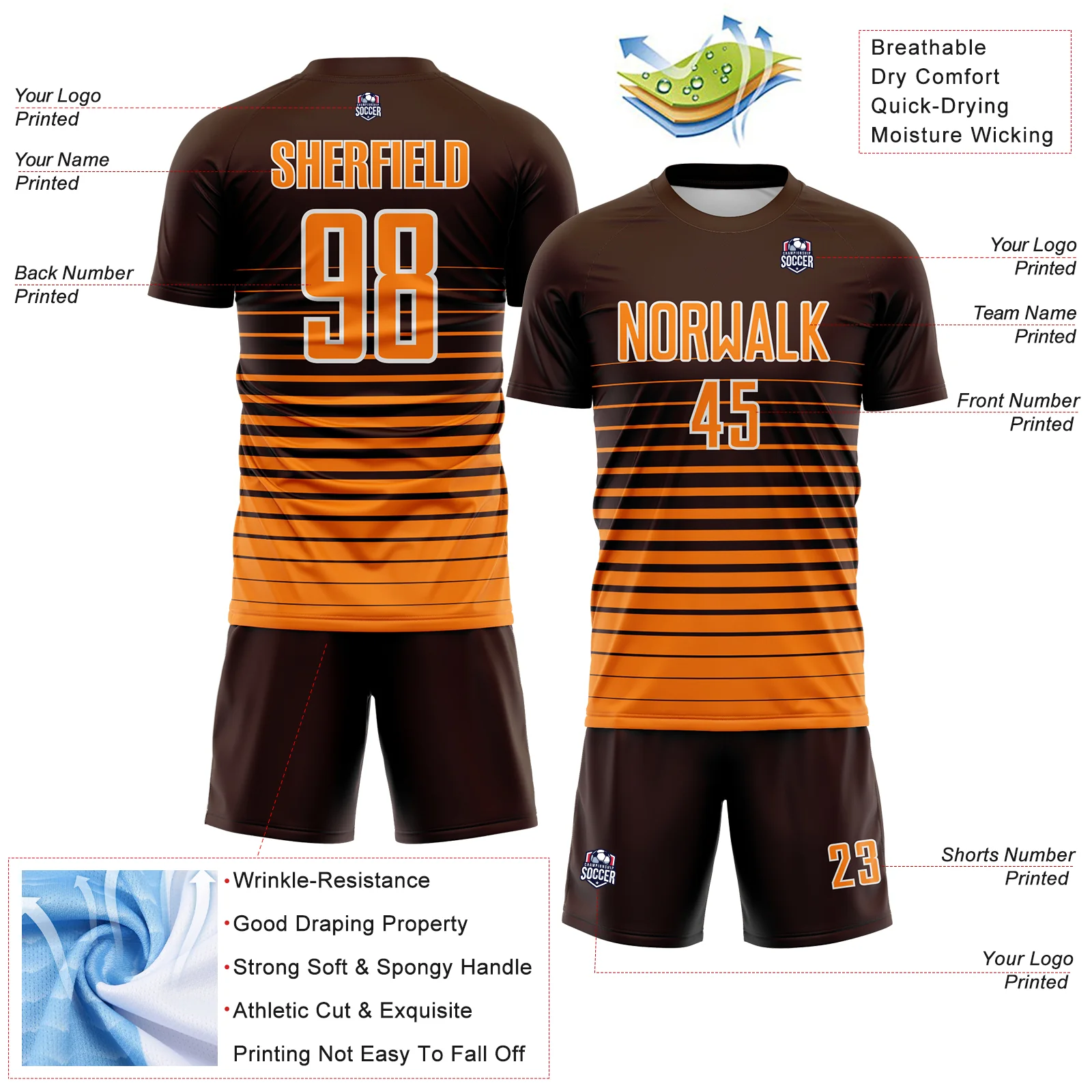 Custom Brown Bay Orange-White Gradient Pinstripe Sublimation Soccer Uniform Jersey - Image 4
