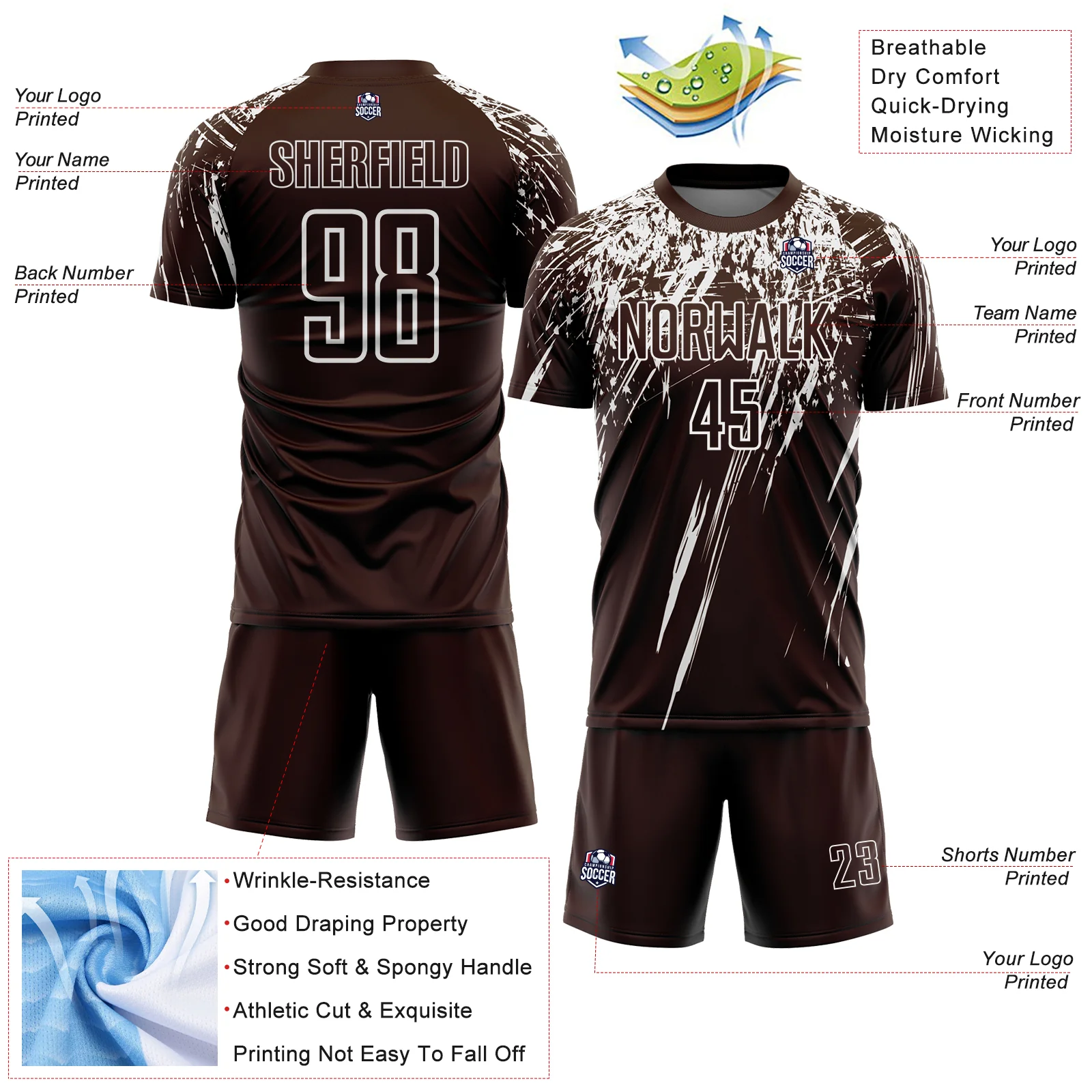 Custom Brown White Splash Sports Sublimation Soccer Uniform Jersey - Image 4