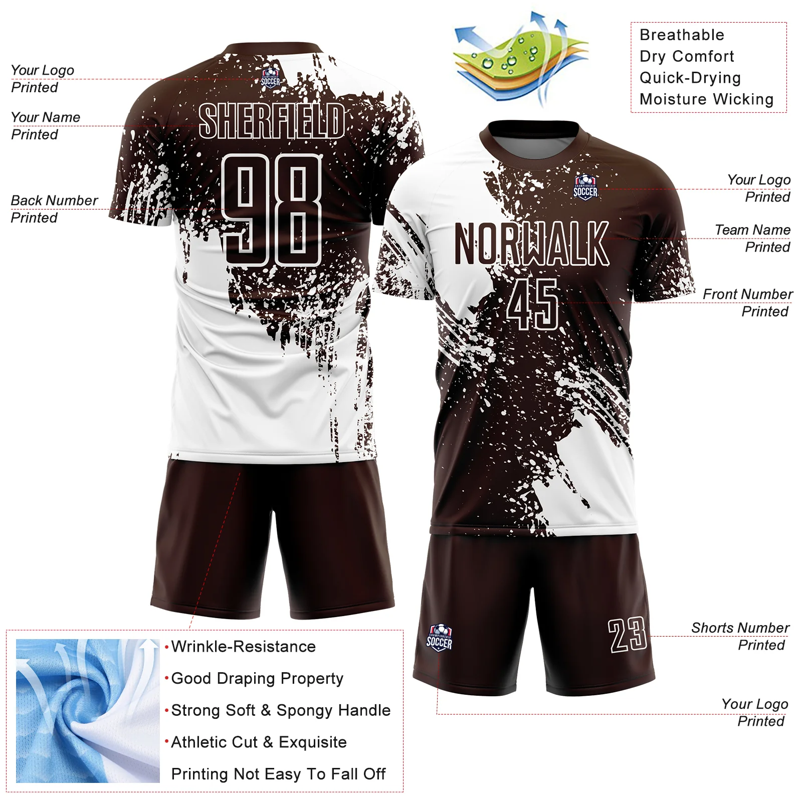 Custom Brown White Abstract Brush Stroke Sports Sublimation Soccer Uniform Jersey - Image 4