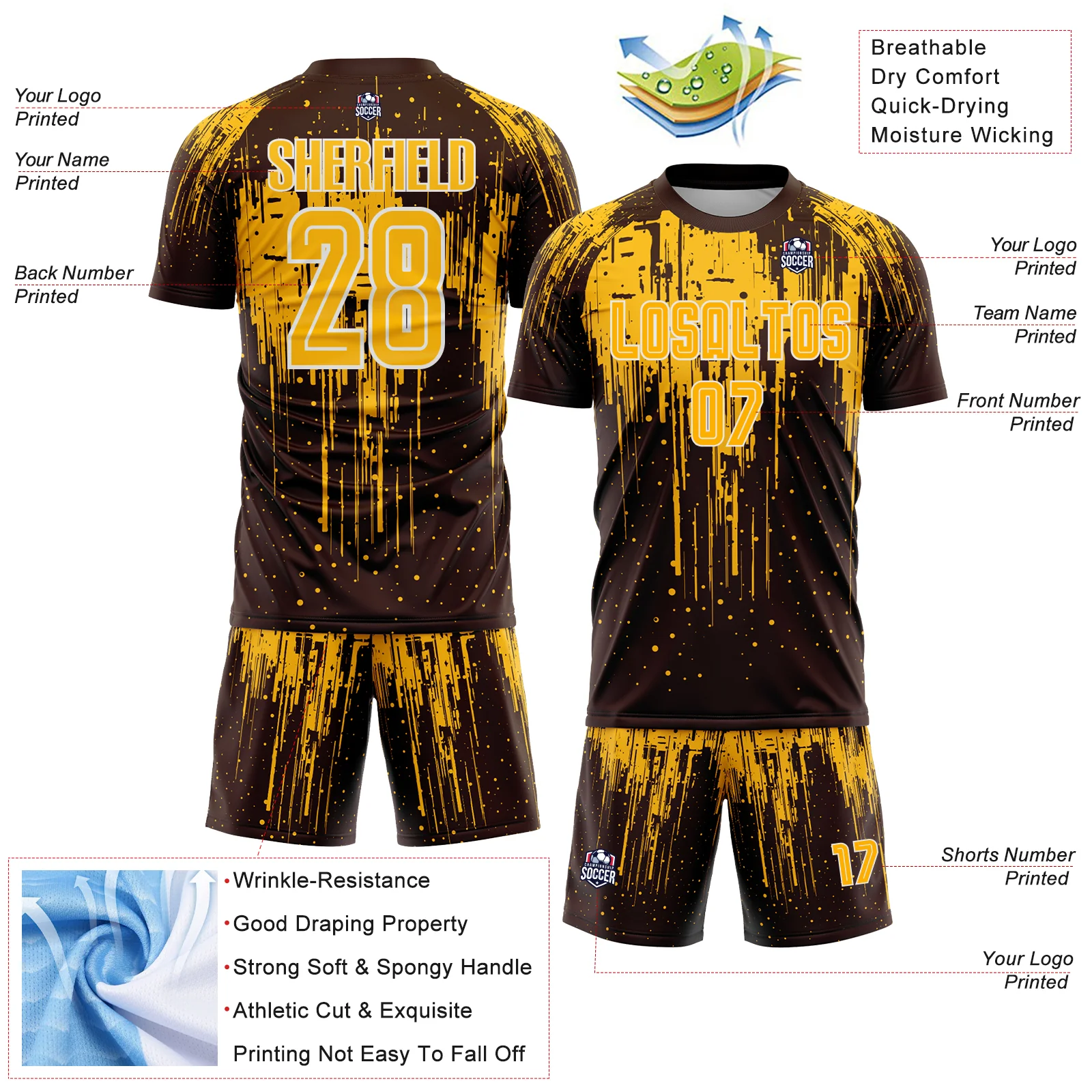 Custom Brown Gold-White Dripping Splatte Pattern Sports Sublimation Soccer Uniform Jersey - Image 4