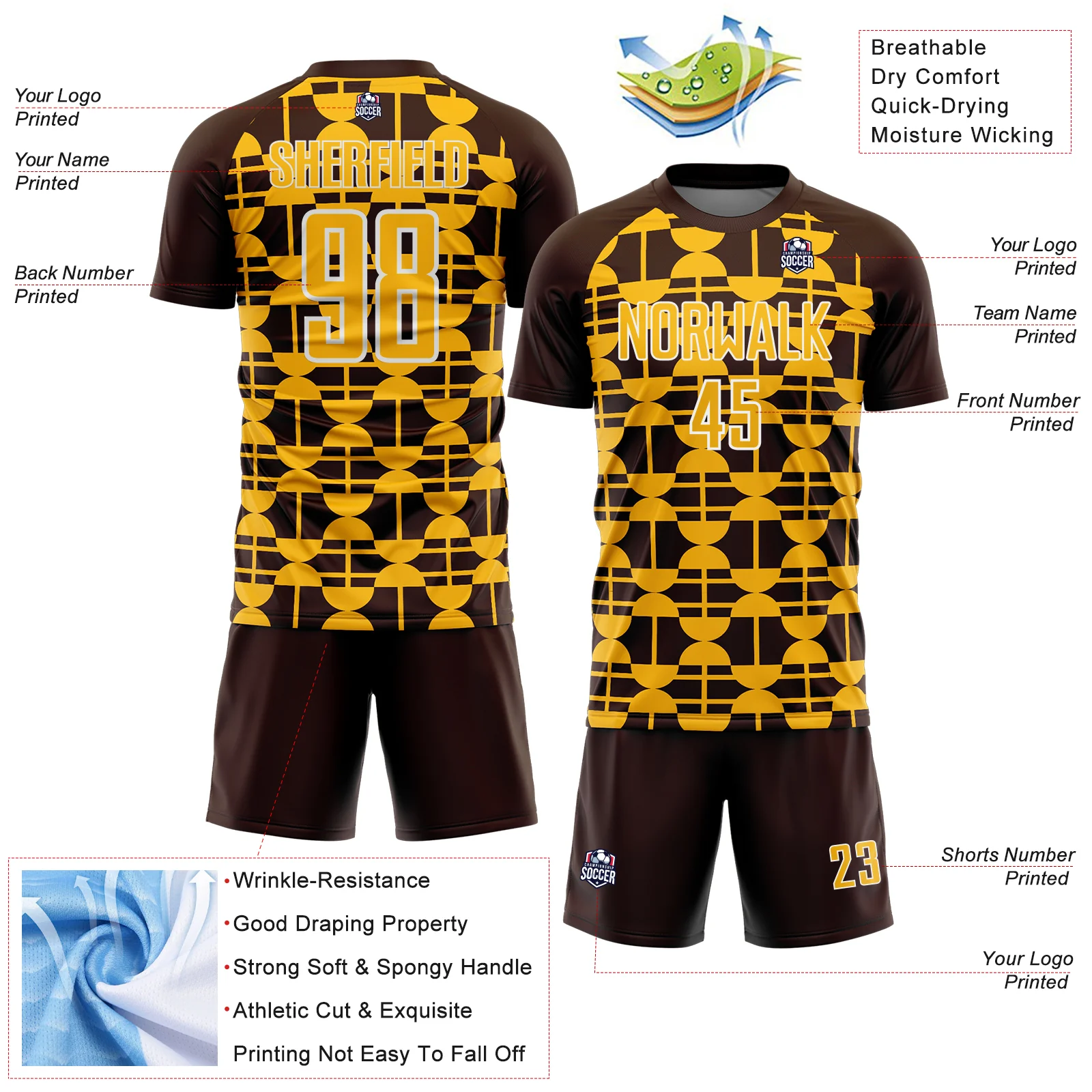 Custom Brown Gold-White Geometric Shapes Sports Sublimation Soccer Uniform Jersey - Image 4