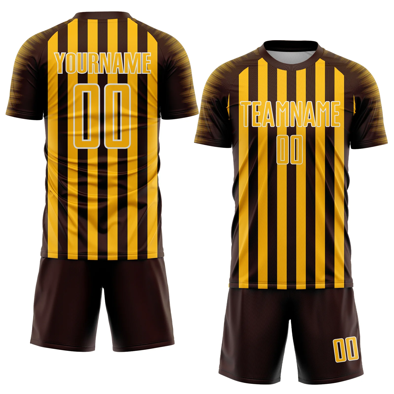 Custom Brown Gold-White Stripe Sports Sublimation Soccer Uniform Jersey - Image 2
